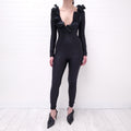 ALESSANDRA RICH BLACK RUFFLE JUMPSUIT WITH CRYSTALS - SIZE 40