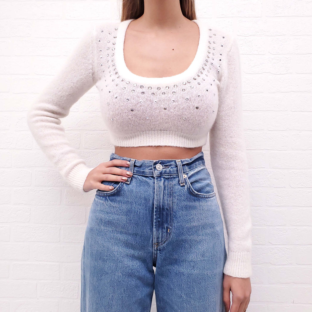ALESSANDRA RICH CREAM CRYSTAL LONG SLEEVE SWEATER - SIZE 38