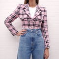 ALESSANDRA RICH PINK TWEED PLAID JACKET WITH PEARL BUTTONS - SIZE 40