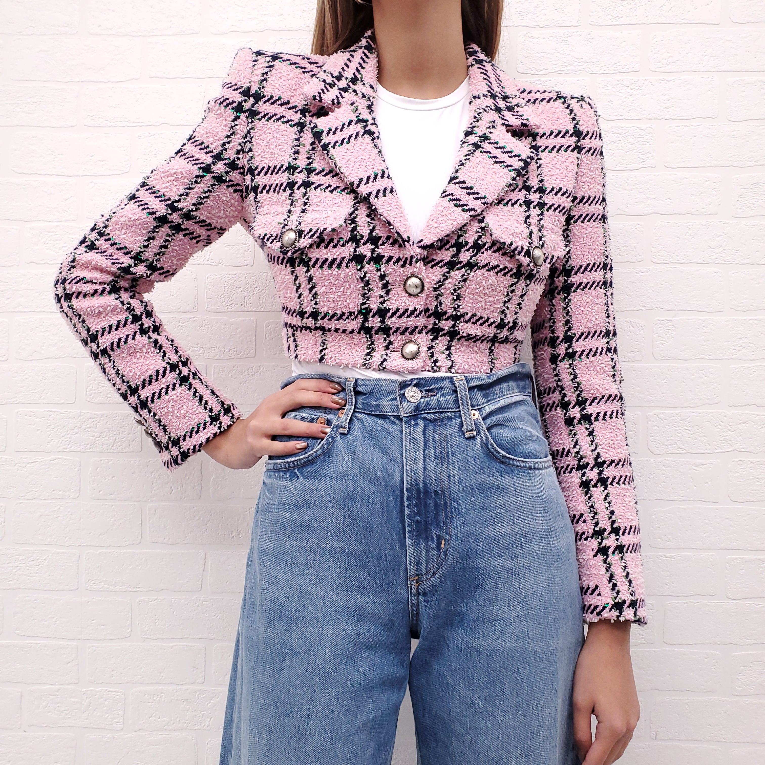 ALESSANDRA RICH PINK TWEED PLAID JACKET WITH PEARL BUTTONS - SIZE 40