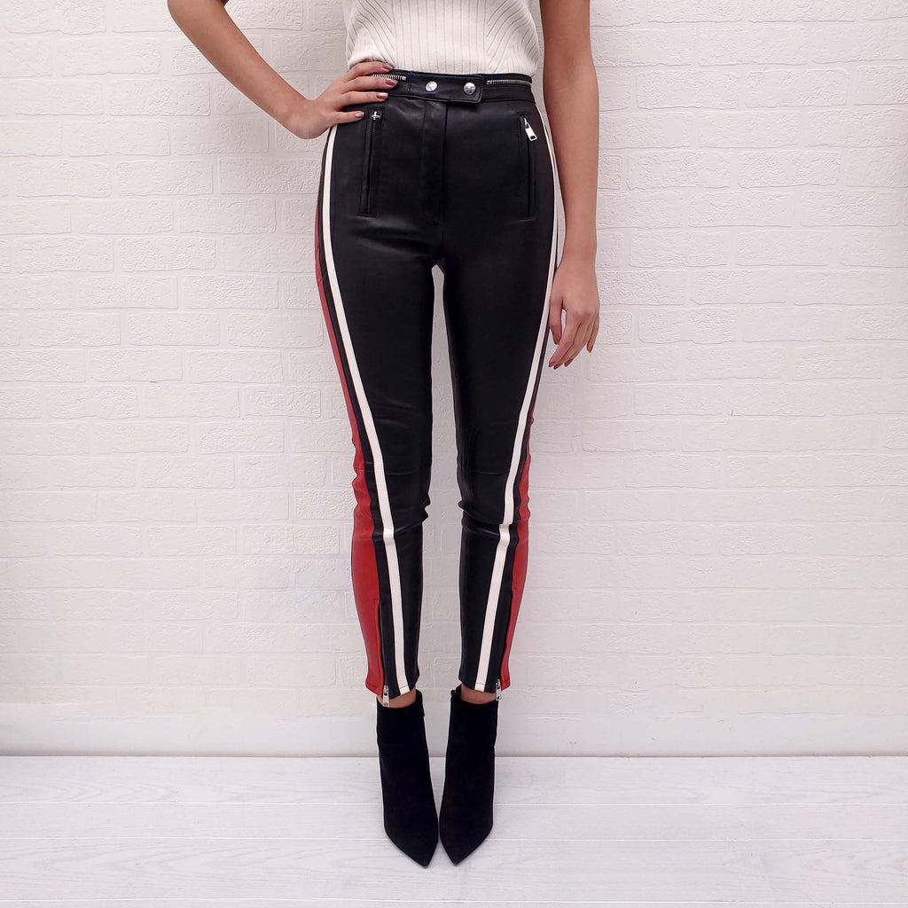ALEXANDER MCQUEEN BLACK LEATHER PANTS WITH WHITE AND RED STRIPES - SIZE 40