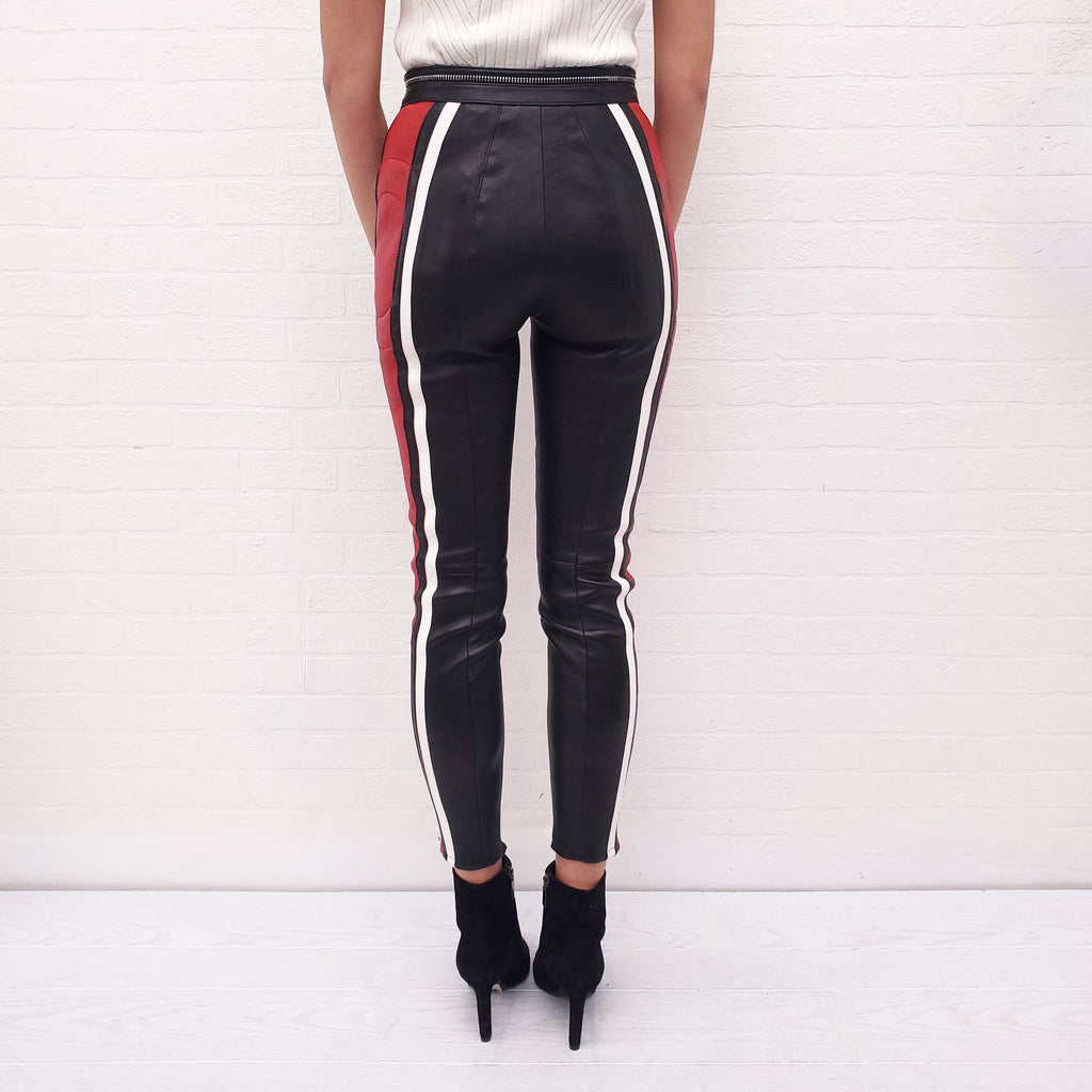 ALEXANDER MCQUEEN BLACK LEATHER PANTS WITH WHITE AND RED STRIPES - SIZE 40