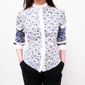ALEXANDER MCQUEEN BLUE AND WHITE FLORAL BLOUSE WITH STRIPES - SIZE 38