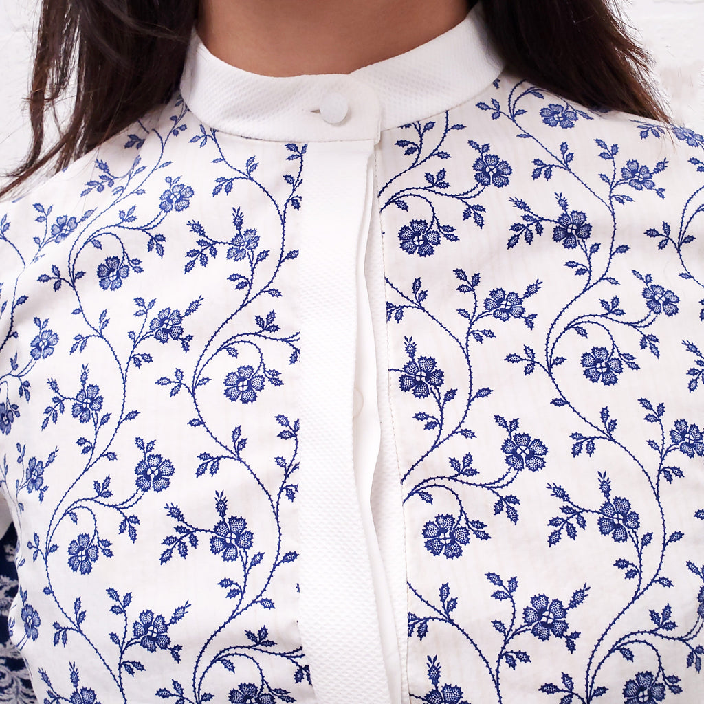 ALEXANDER MCQUEEN BLUE AND WHITE FLORAL BLOUSE WITH STRIPES - SIZE 38