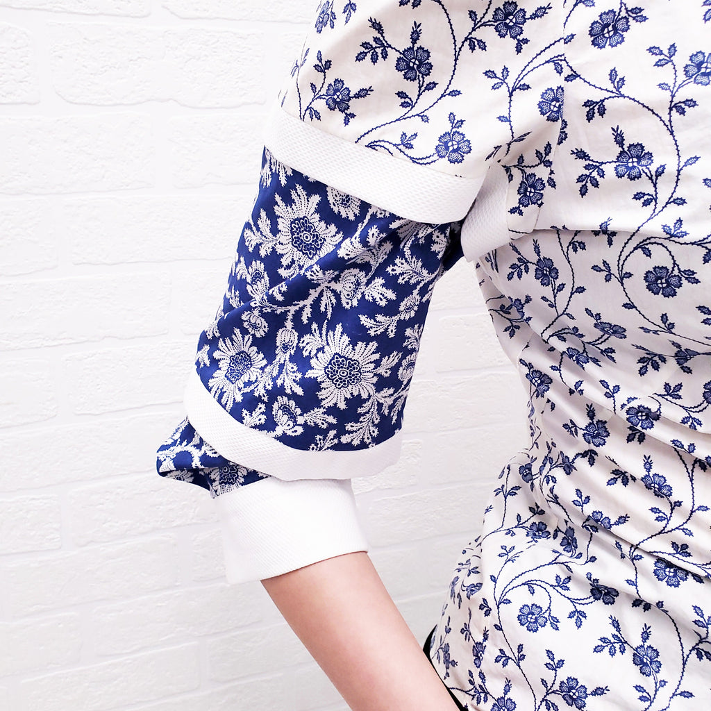 ALEXANDER MCQUEEN BLUE AND WHITE FLORAL BLOUSE WITH STRIPES - SIZE 38