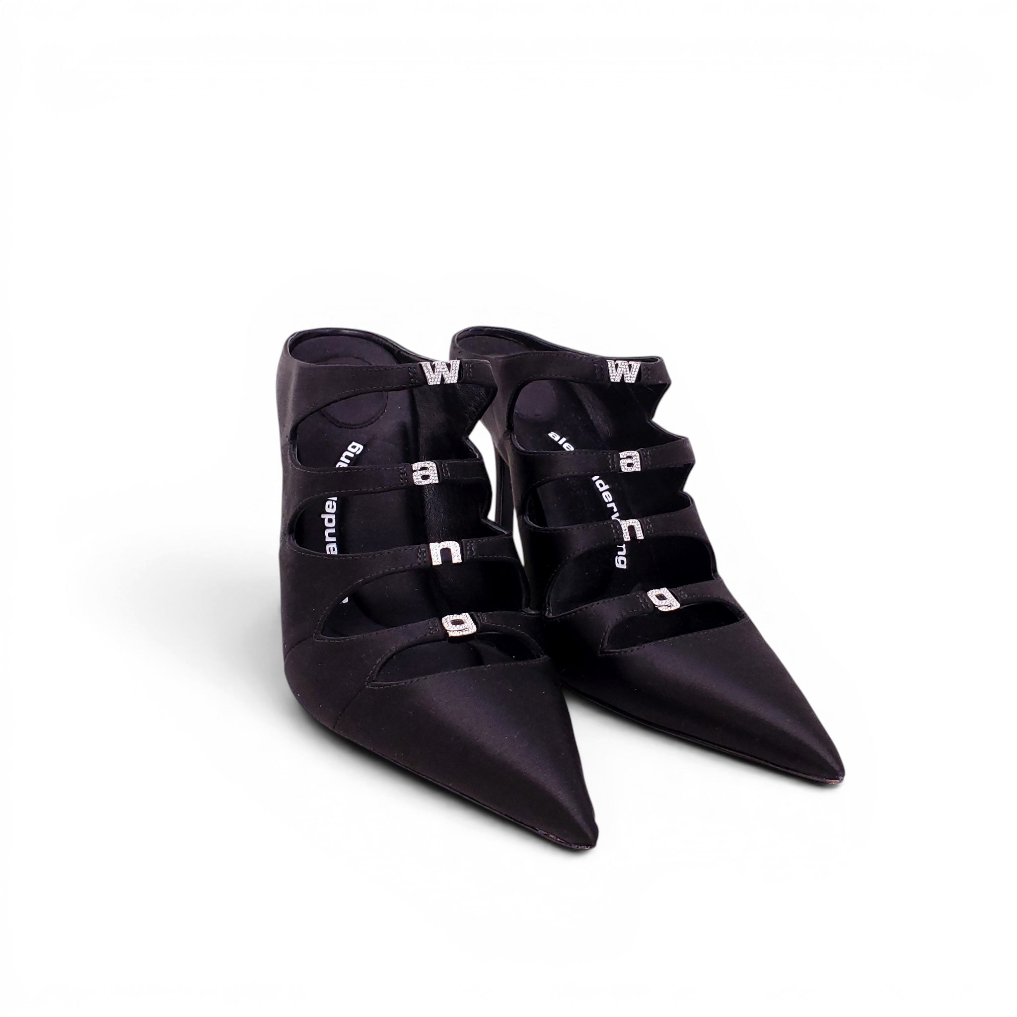 ALEXANDER WANG BLACK CRYSTAL LOGO HEELS - SIZE 39