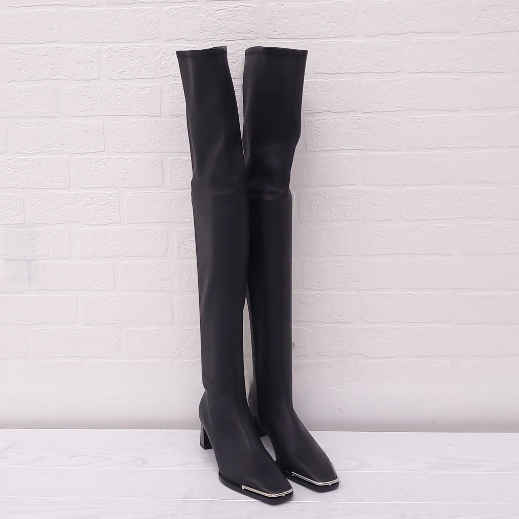 ALEXANDER WANG BLACK LEATHER 'MASCHA' THIGH HIGH BOOTS - SIZE 36.5