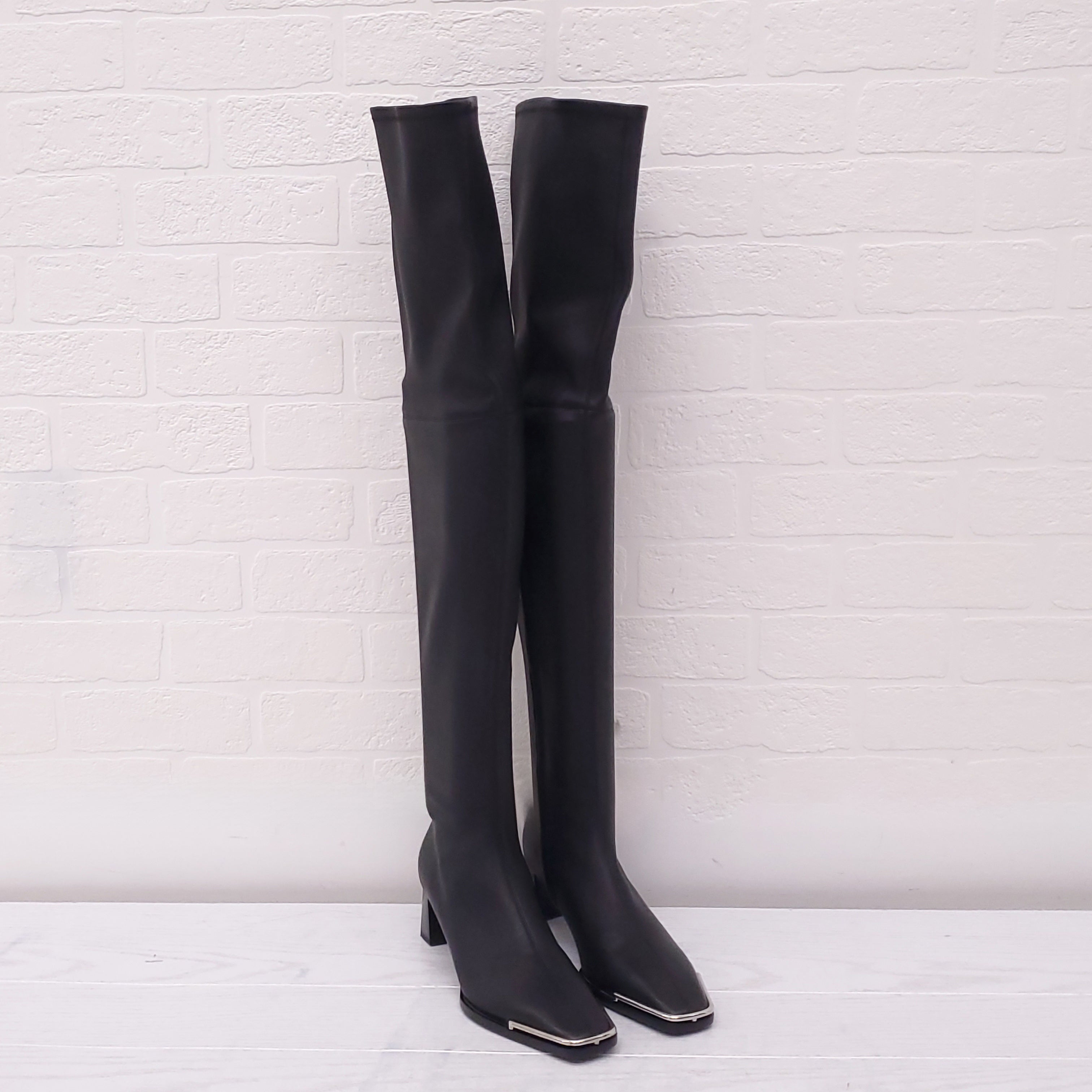 ALEXANDER WANG BLACK LEATHER 'MASCHA' THIGH HIGH BOOTS - SIZE 36.5