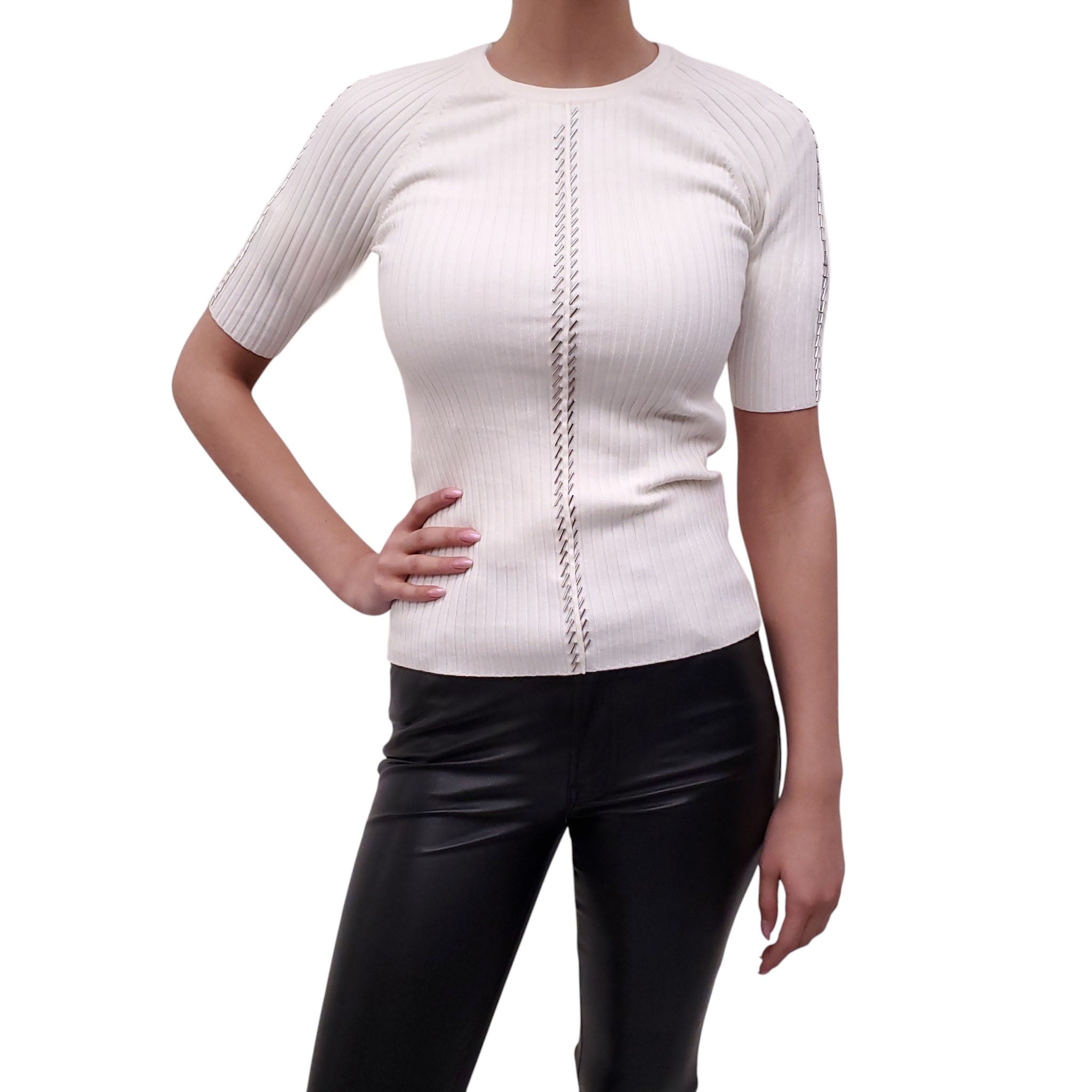 ALEXANDER WANG CREAM SHORT SLEEVE SWEATER WITH SILVER DETAILS - SIZE M