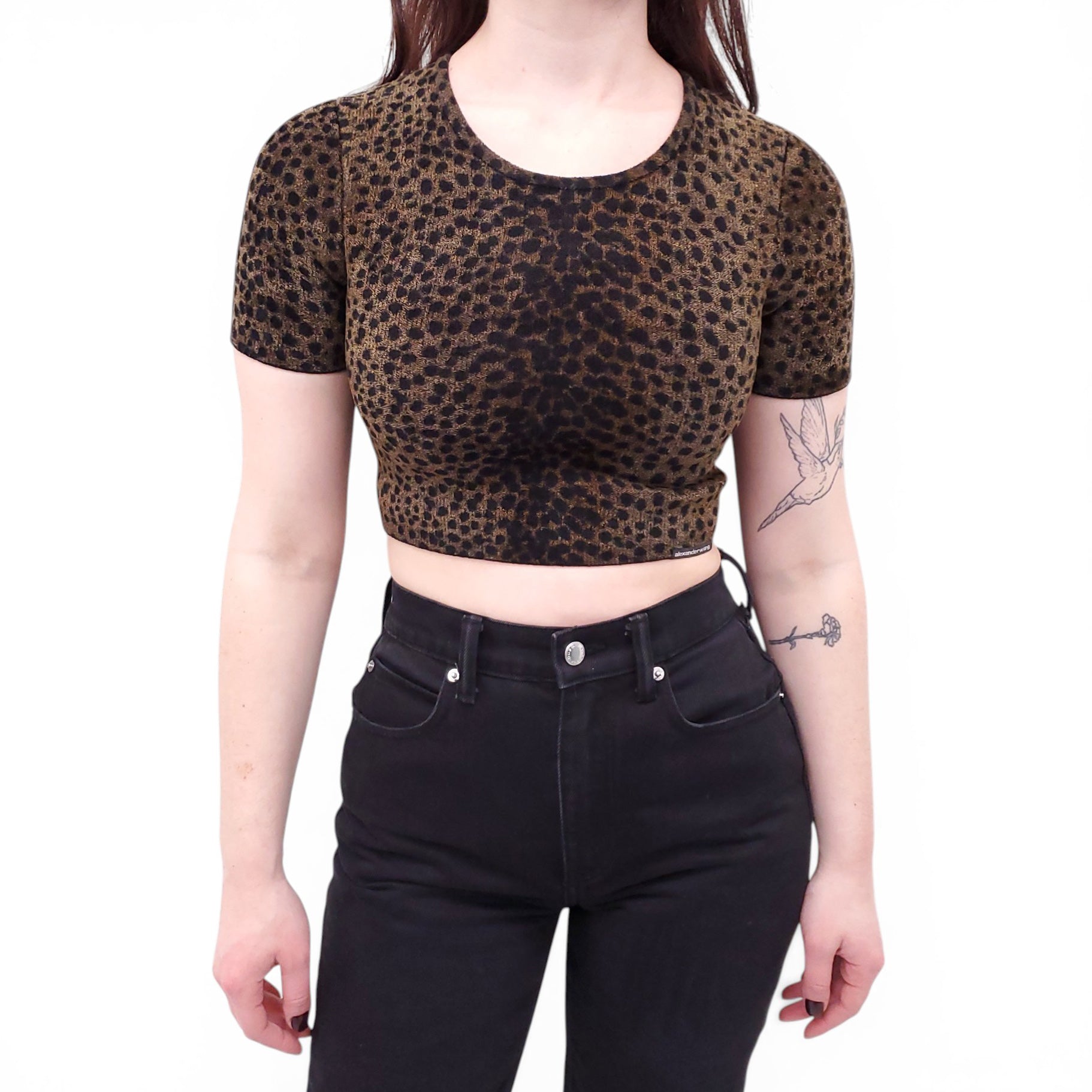 ALEXANDERWANG LEOPARD VELOUR CROPPED TOP WITH LOGO - SIZE XS