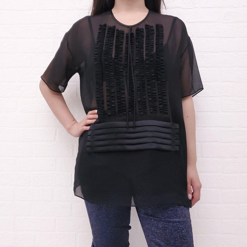 ALEXANDER WANG SHEER RUFFLE SHORT SLEEVE BLOUSE - SIZE S