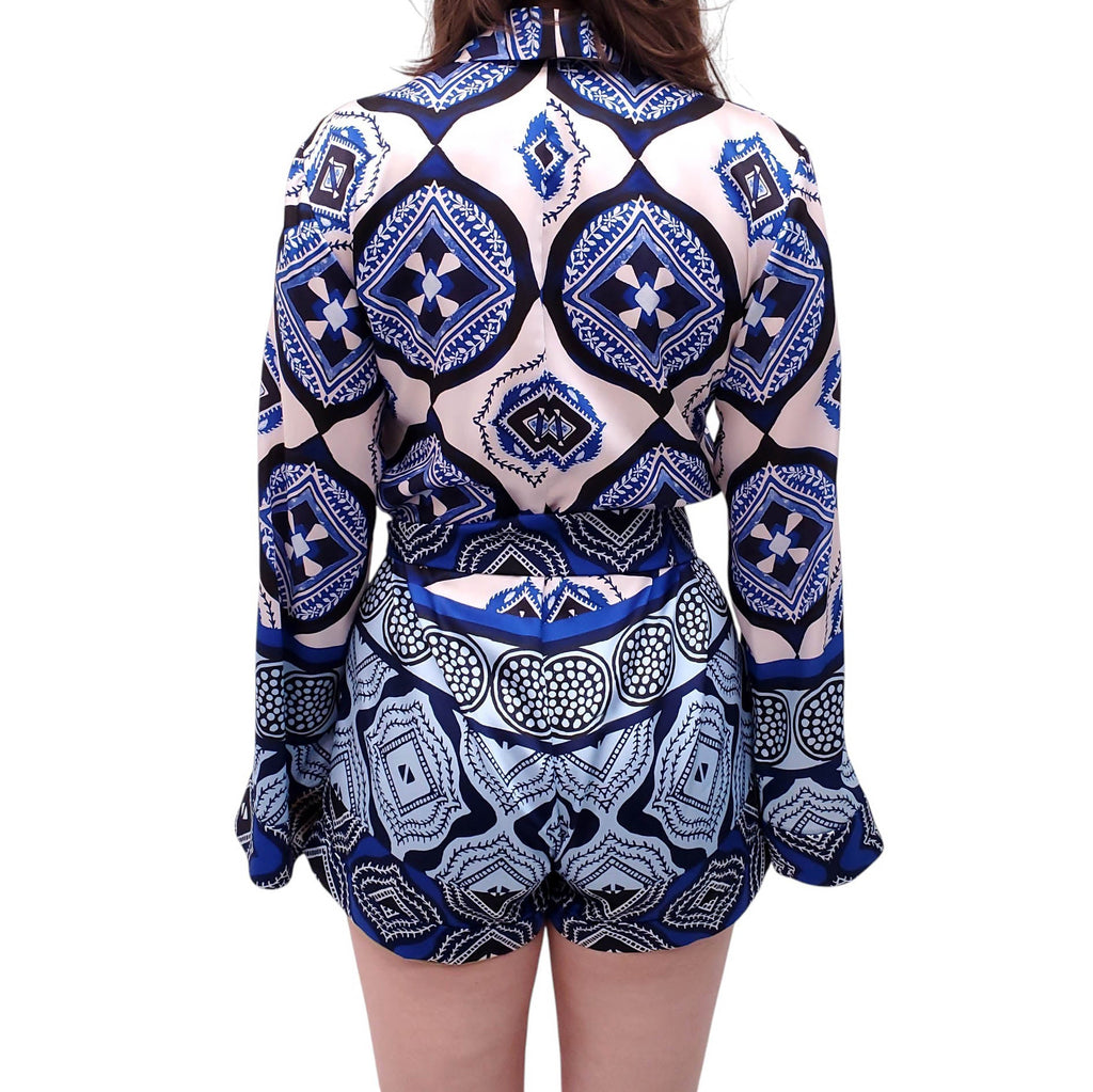 ALEXIS BLUE PATTERNED ROMPER WITH BELT - SIZE S