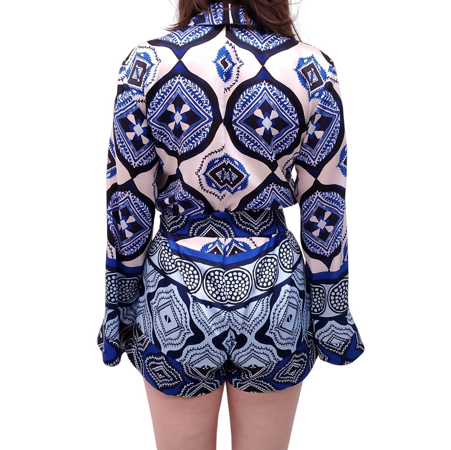 ALEXIS BLUE PATTERNED ROMPER WITH BELT - SIZE S