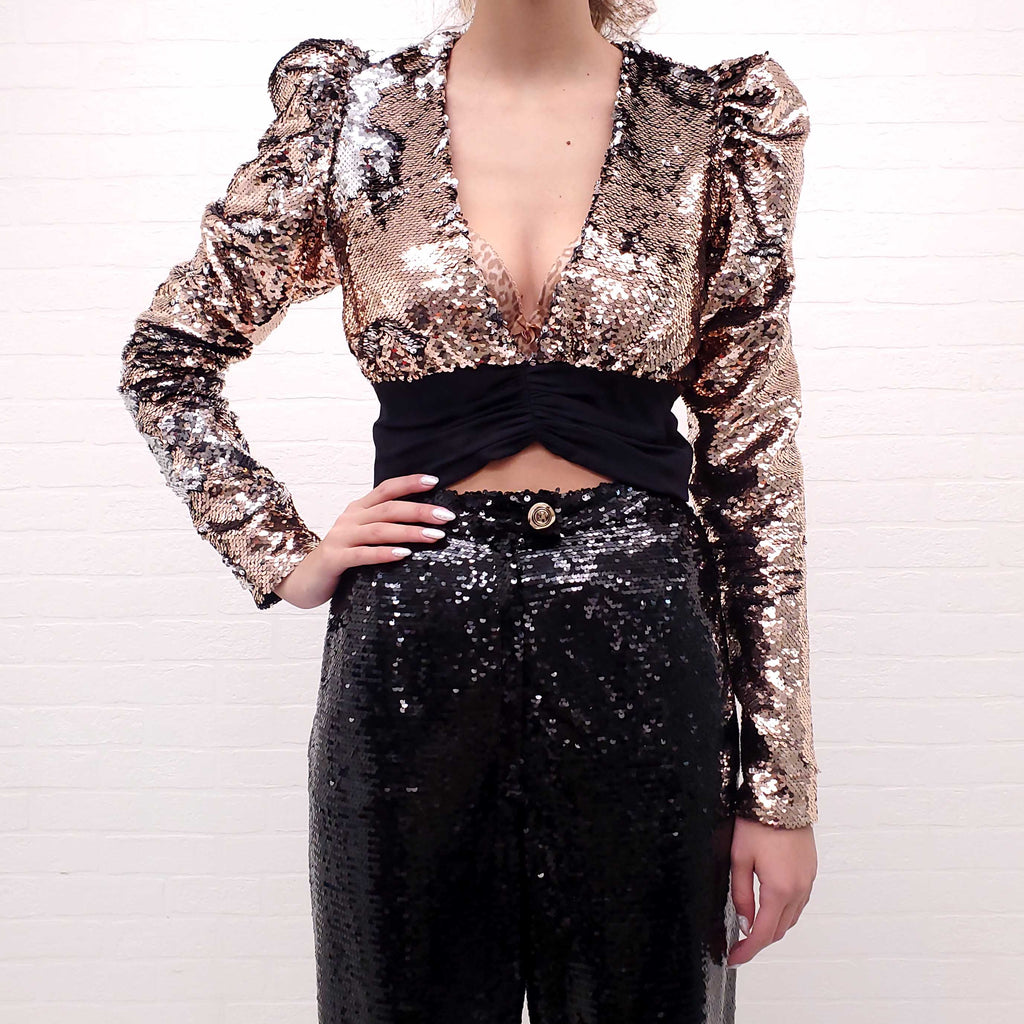 AMEN BRONZE SEQUIN CROPPED TUXEDO BLOUSE - SIZE 42