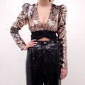 AMEN BRONZE SEQUIN CROPPED TUXEDO BLOUSE - SIZE 42