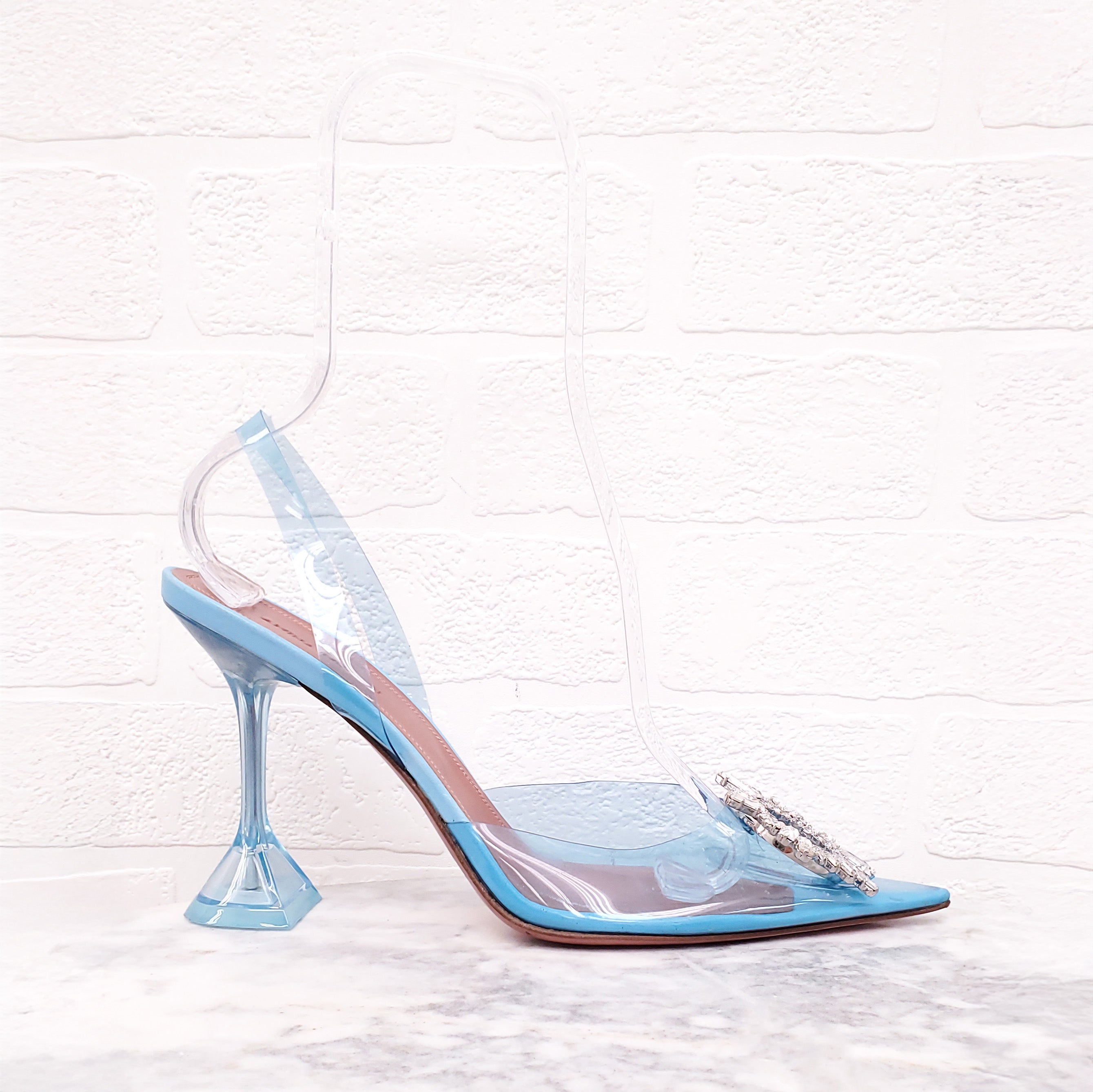 AMINA MUADDI BLUE PVC HEELS WITH CRYSTAL EMBLEM - SIZE 41