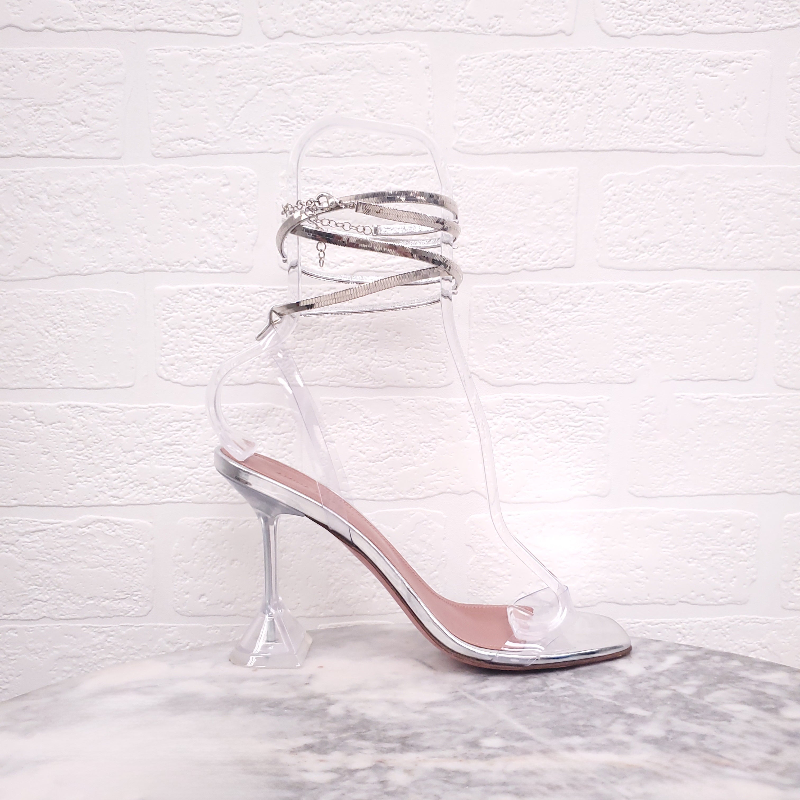 AMINA MUADDI SILVER WRAP AROUND HEELS - SIZE 38