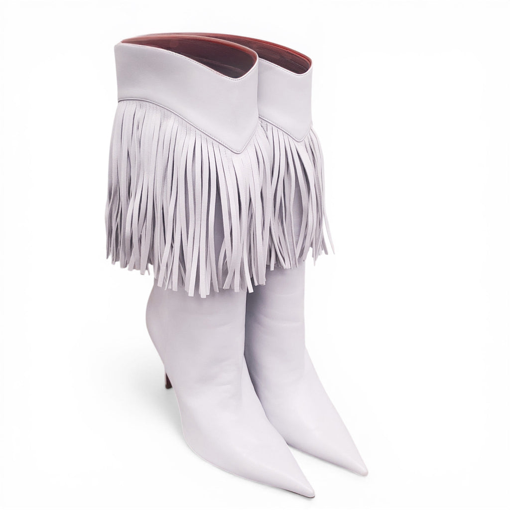 AMINA MUADDI WHITE WESTERN FRINGE BOOTS - SIZE 40