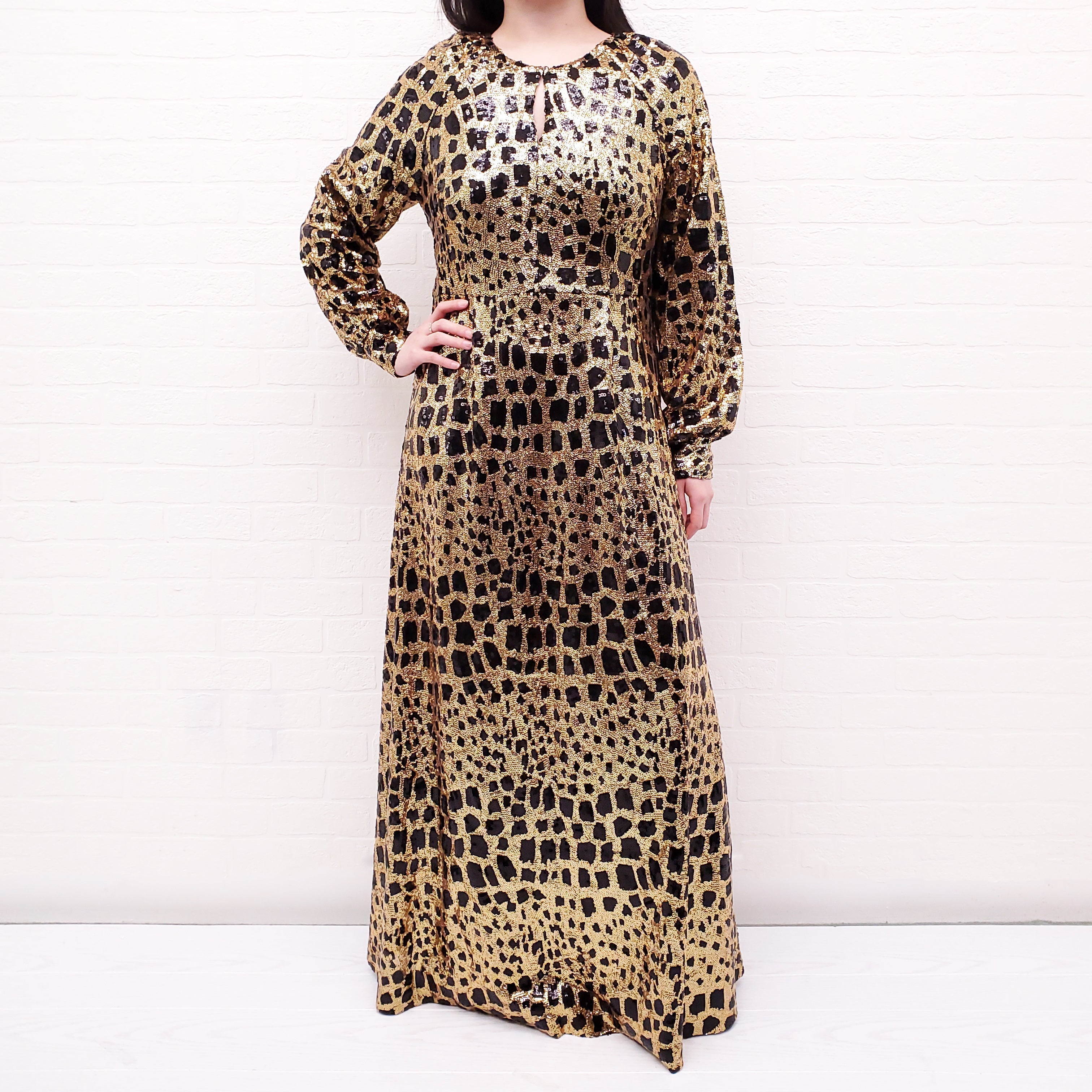 ANTIK BATIK GOLD AND BLACK SPOTTED SEQUIN GOWN - SIZE 40/M
