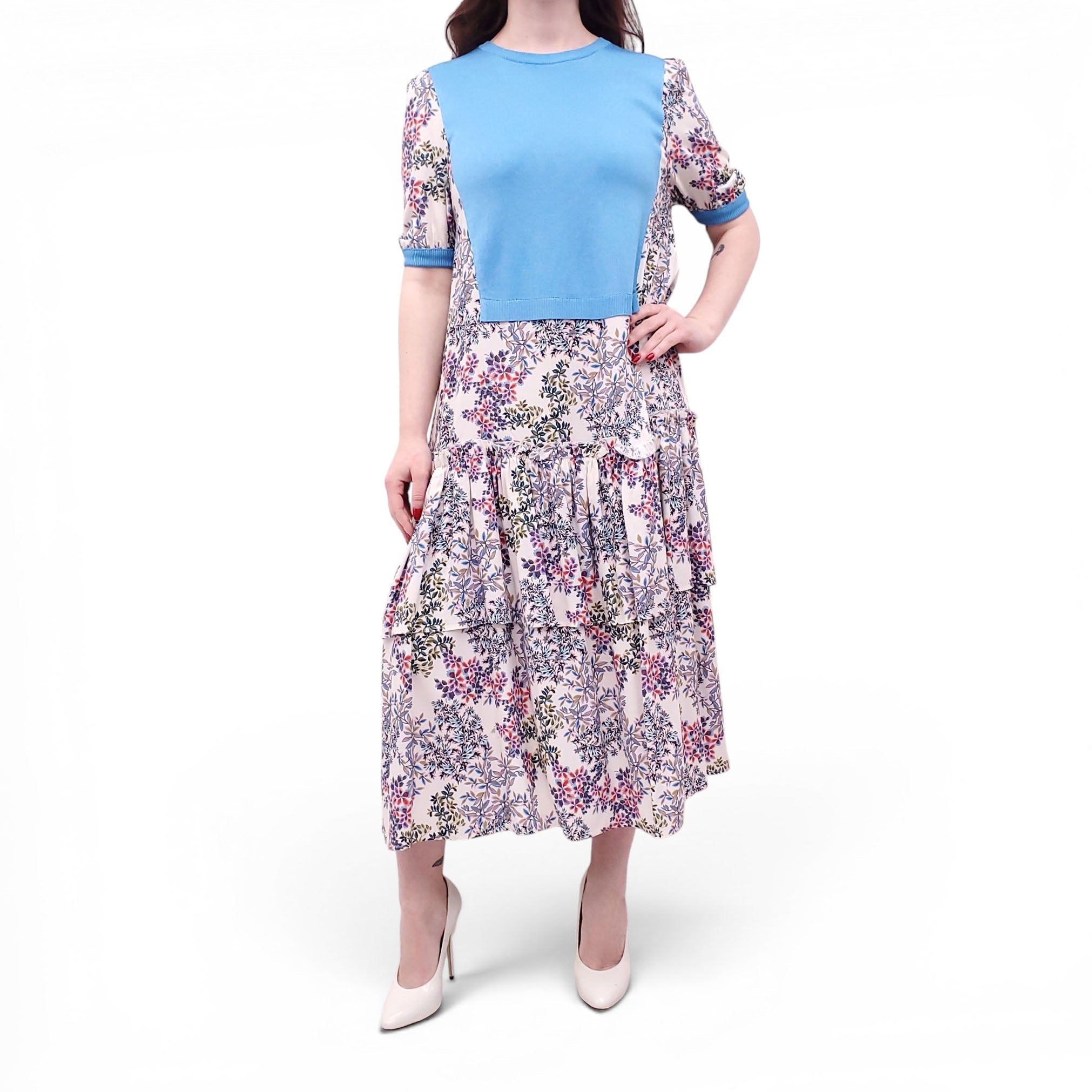 ANTONIO MARRAS FLORAL DRESS WITH BLUE KNIT DETAIL - SIZE M
