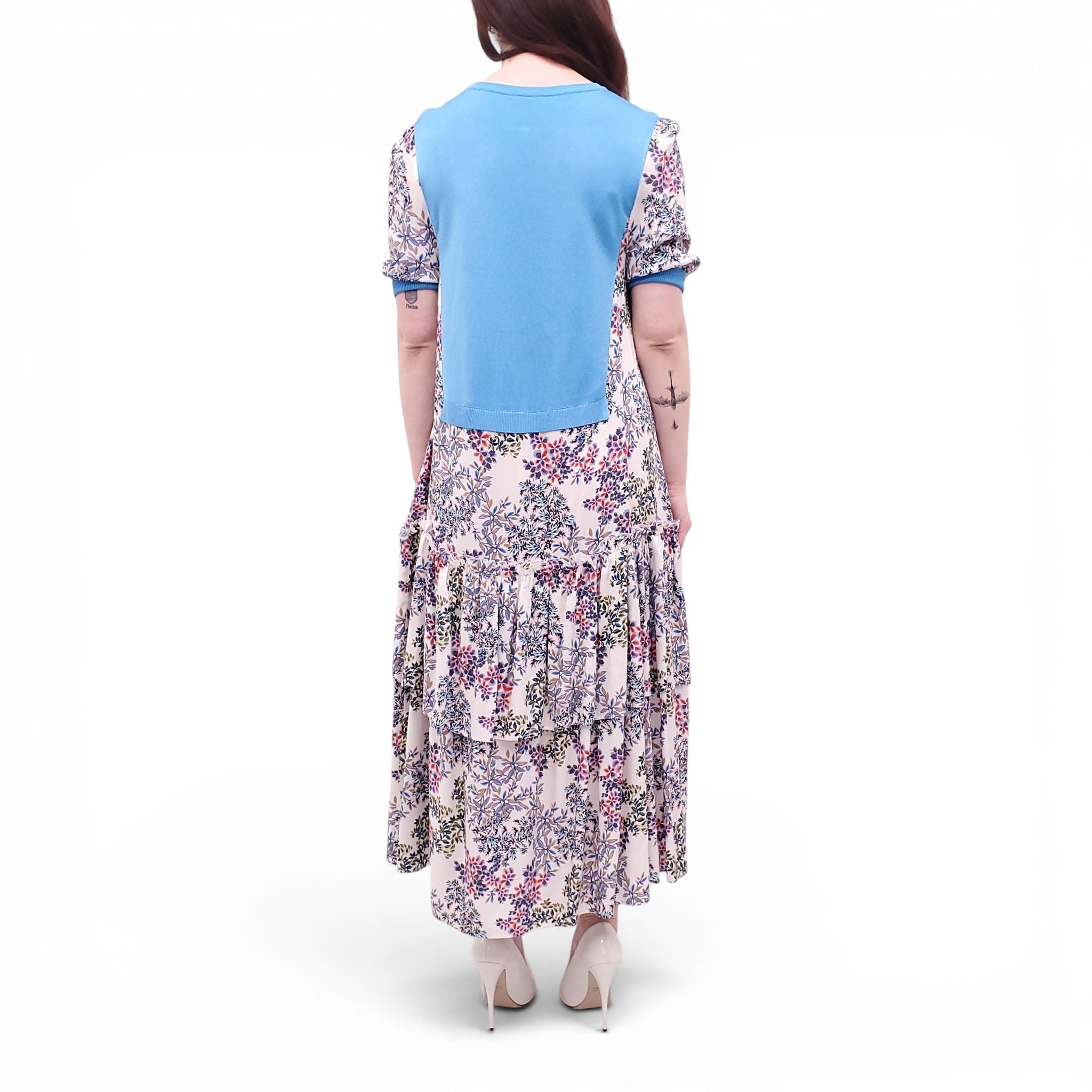 ANTONIO MARRAS FLORAL DRESS WITH BLUE KNIT DETAIL - SIZE M