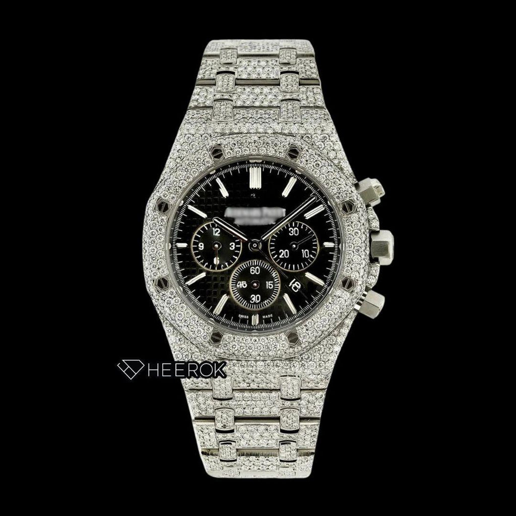 AP Royal Oak Chronograph Black Dial White Stick Markers Pave Diamond Bezel Fully Iced Out Moissanite Watch