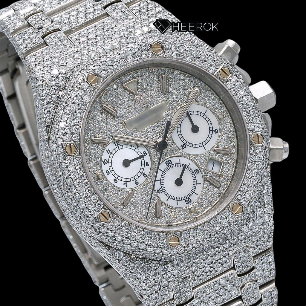 AP Royal Oak Chronograph Full Pave Diamond Dial Stick Markers Diamond Bezel Fully Iced Out Moissanite Watch