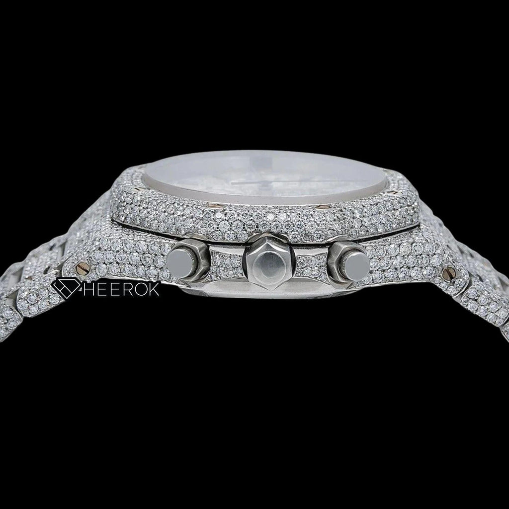 AP Royal Oak Chronograph Full Pave Diamond Dial Stick Markers Diamond Bezel Fully Iced Out Moissanite Watch