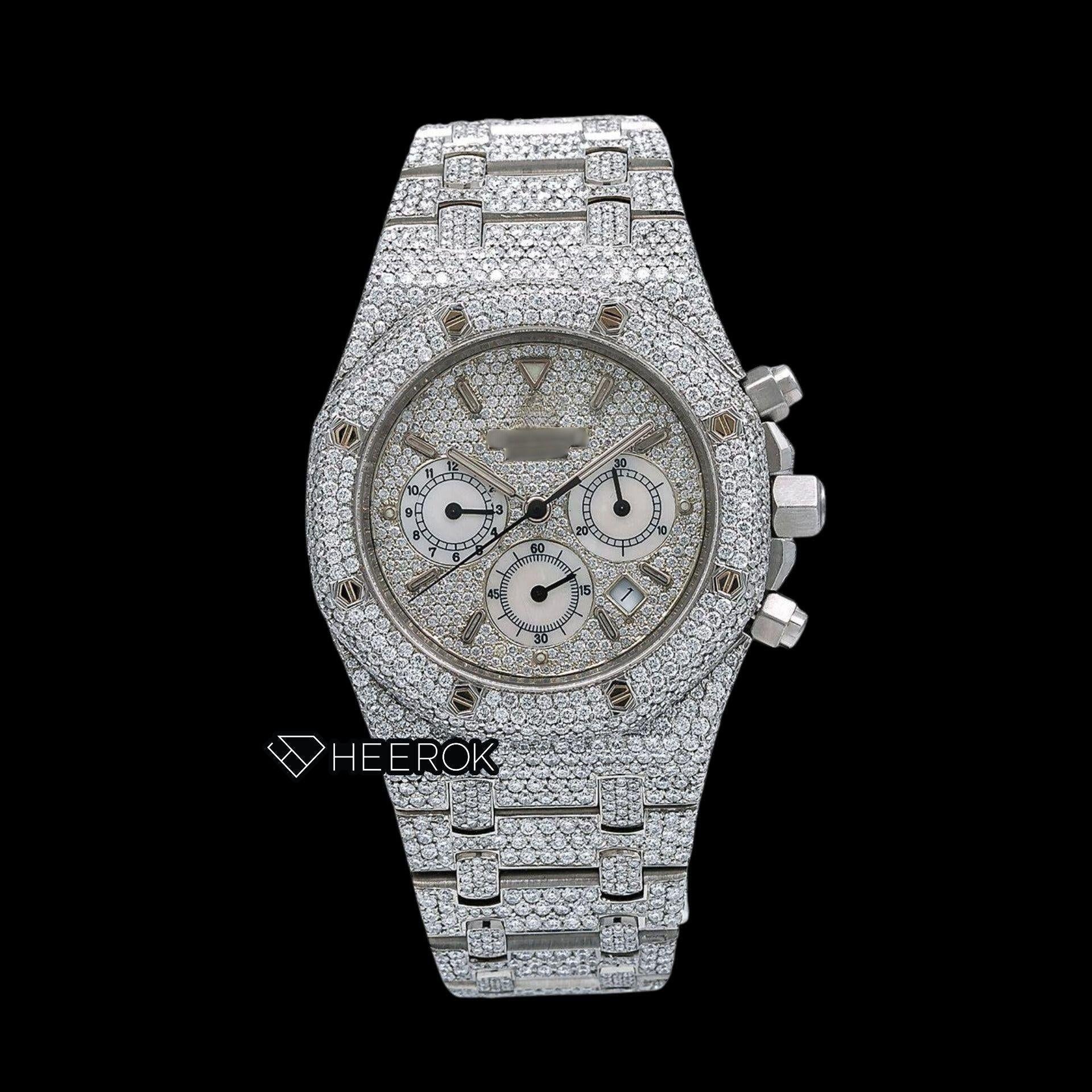 AP Royal Oak Chronograph Full Pave Diamond Dial Stick Markers Diamond Bezel Fully Iced Out Moissanite Watch
