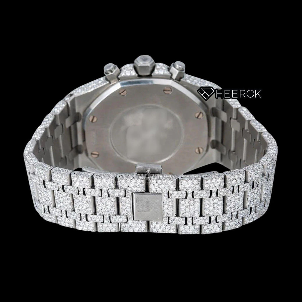 AP Royal Oak Chronograph Full Pave Diamond Dial White Stick Markers Diamond Bezel Fully Iced Out Moissanite Watch