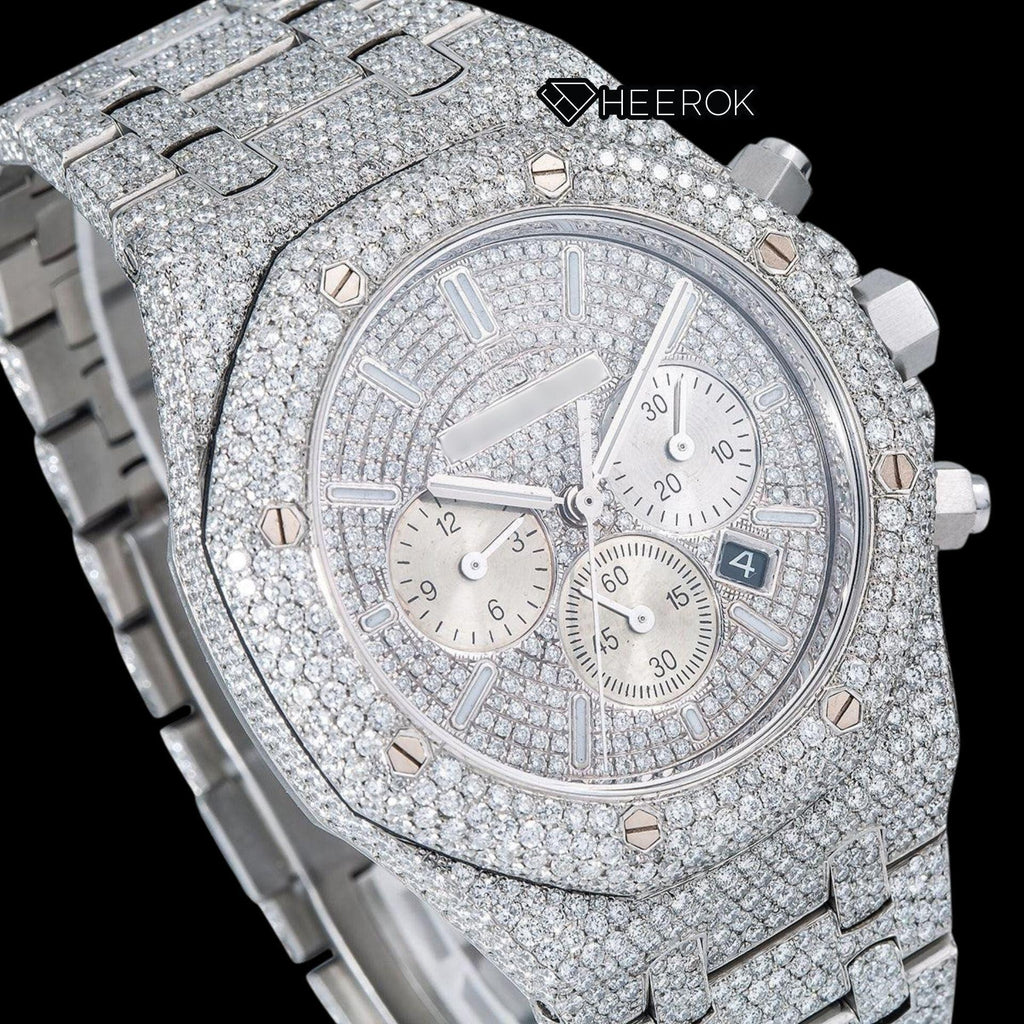 AP Royal Oak Chronograph Full Pave Diamond Dial White Stick Markers Diamond Bezel Fully Iced Out Moissanite Watch