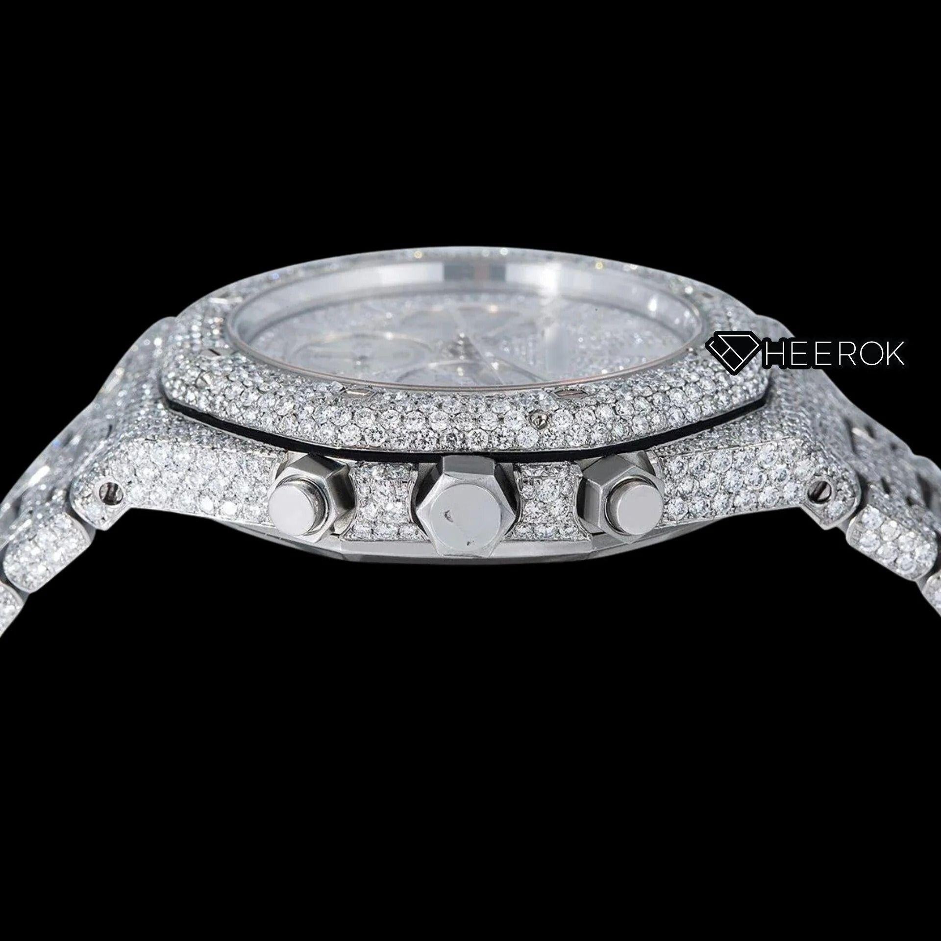AP Royal Oak Chronograph Full Pave Diamond Dial White Stick Markers Diamond Bezel Fully Iced Out Moissanite Watch