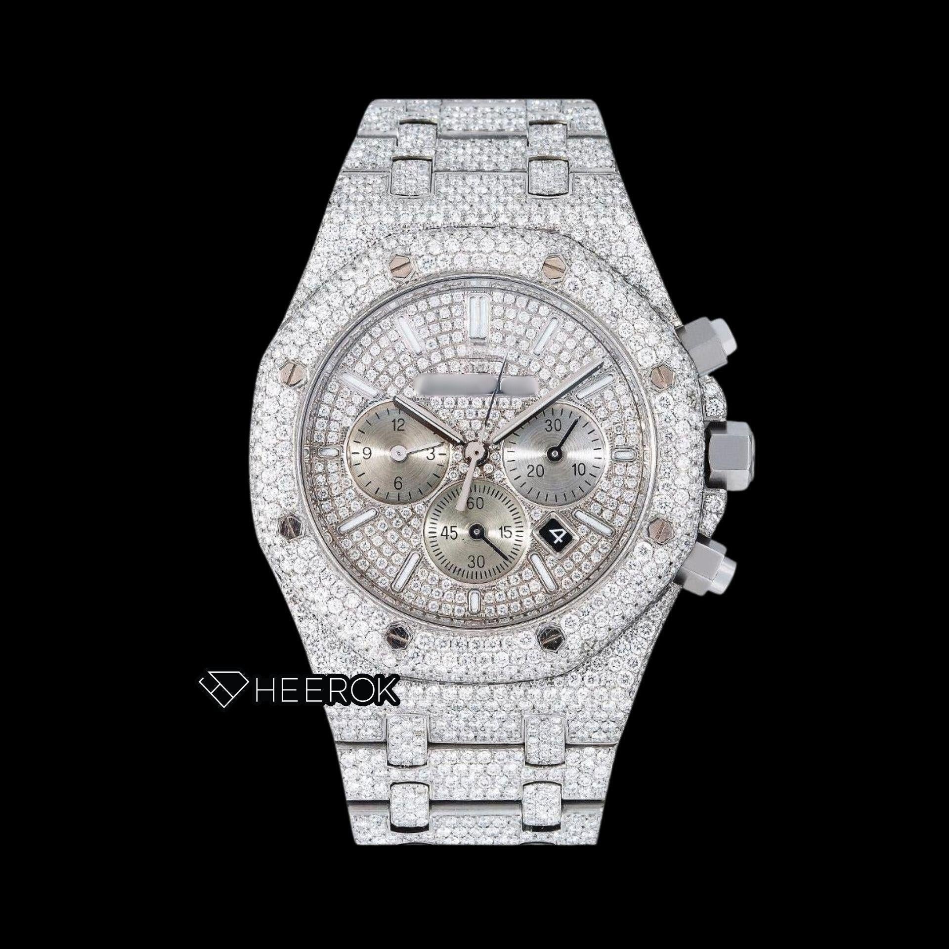 AP Royal Oak Chronograph Full Pave Diamond Dial White Stick Markers Diamond Bezel Fully Iced Out Moissanite Watch