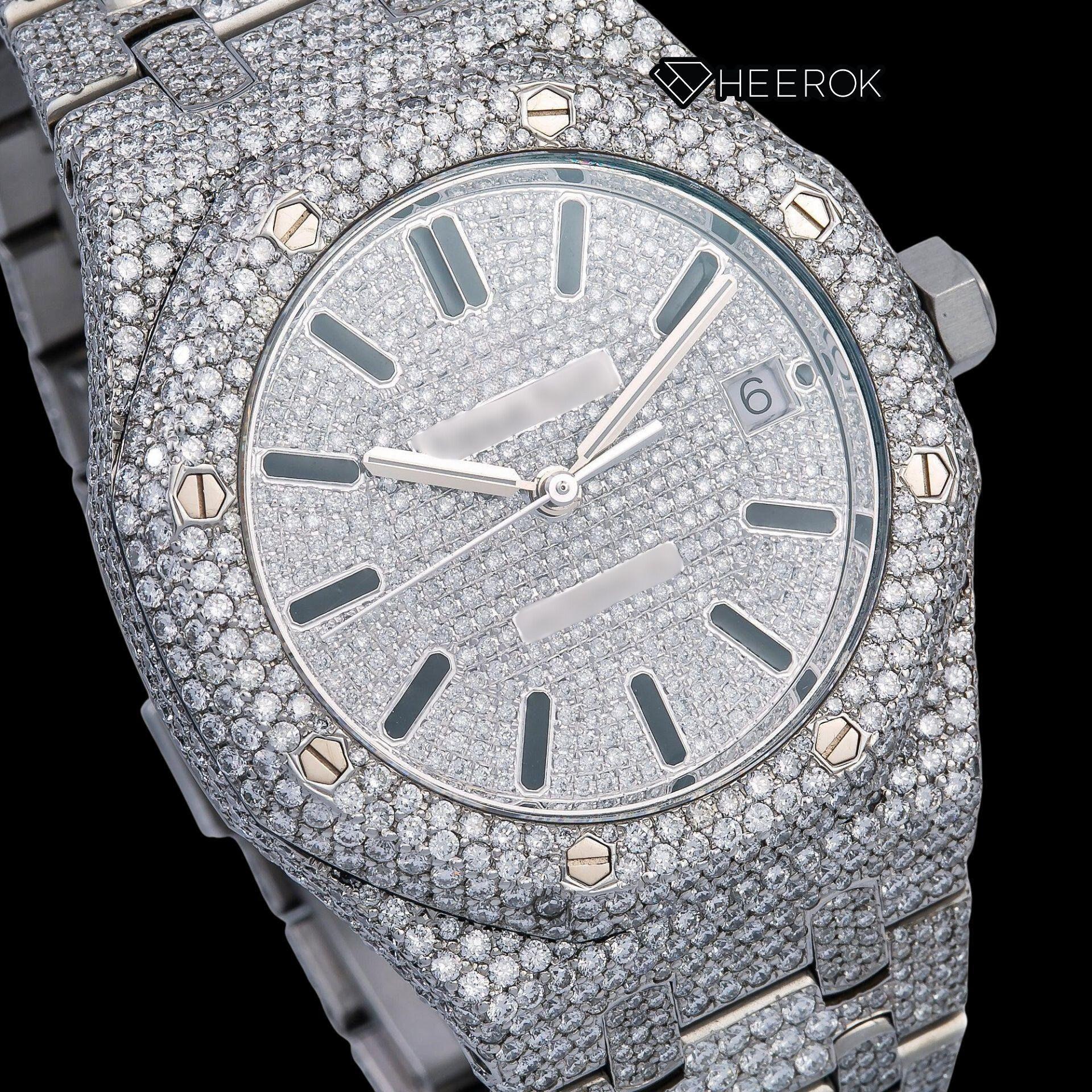 AP Royal Oak Full Pave Diamond Dial Black Stick Markers Diamond Bezel Fully Iced Out Moissanite Watch