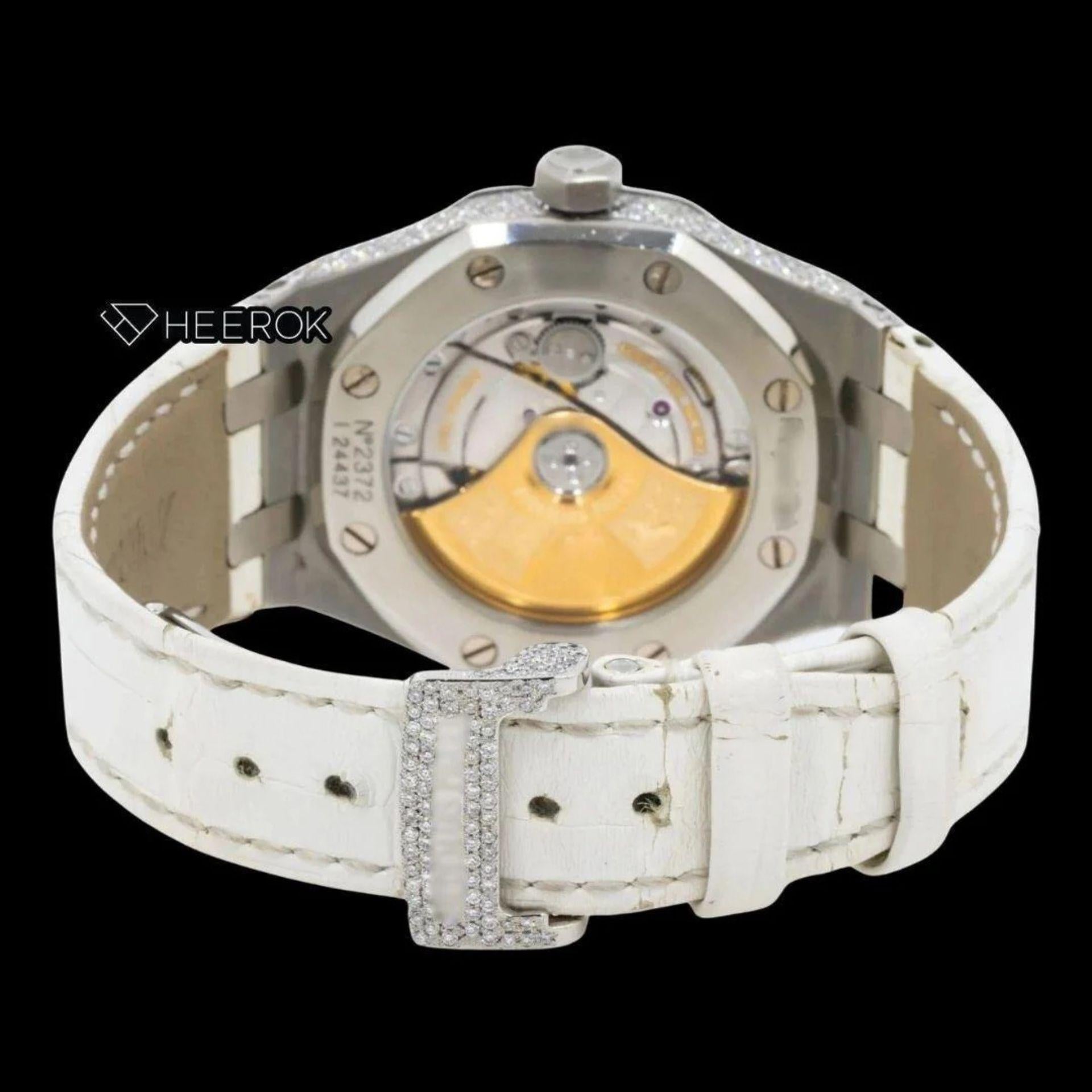 AP Royal Oak Full Pave Diamond Dial Black Stick Markers White Leather Strap Semi Iced Out Moissanite Watch