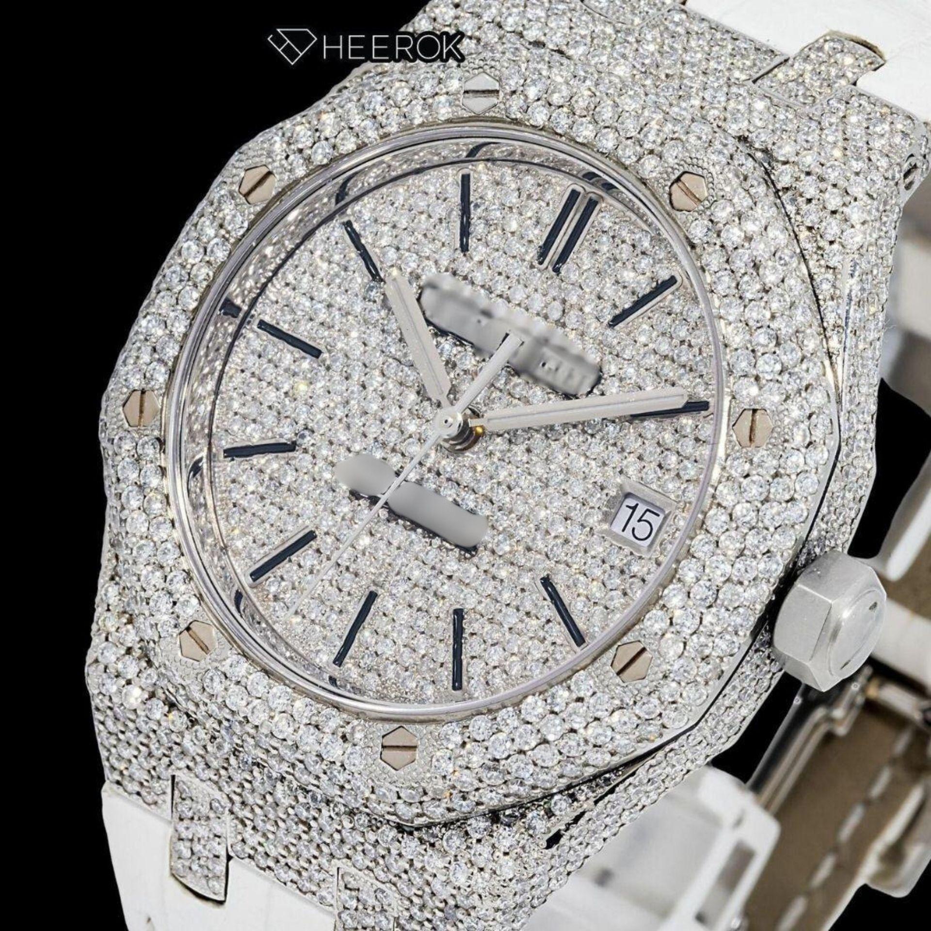 AP Royal Oak Full Pave Diamond Dial Black Stick Markers White Leather Strap Semi Iced Out Moissanite Watch