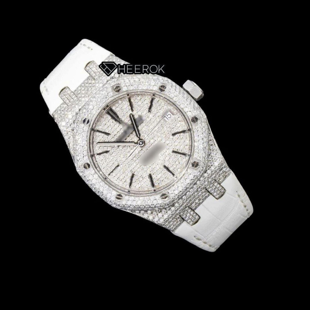AP Royal Oak Full Pave Diamond Dial Black Stick Markers White Leather Strap Semi Iced Out Moissanite Watch
