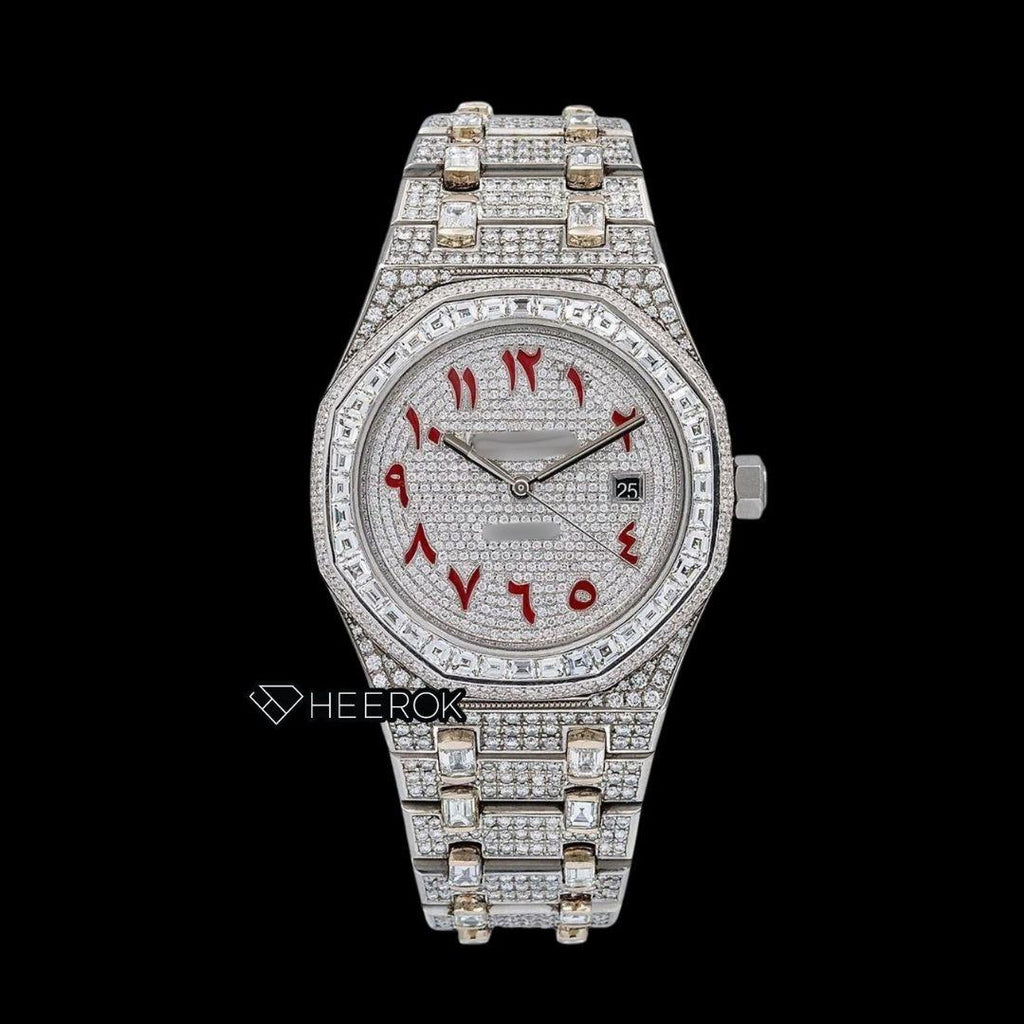 AP Royal Oak Full Pave Diamond Dial Red Arabic Numerals Baguette Diamond Bezel Fully Iced Out Moissanite Watch