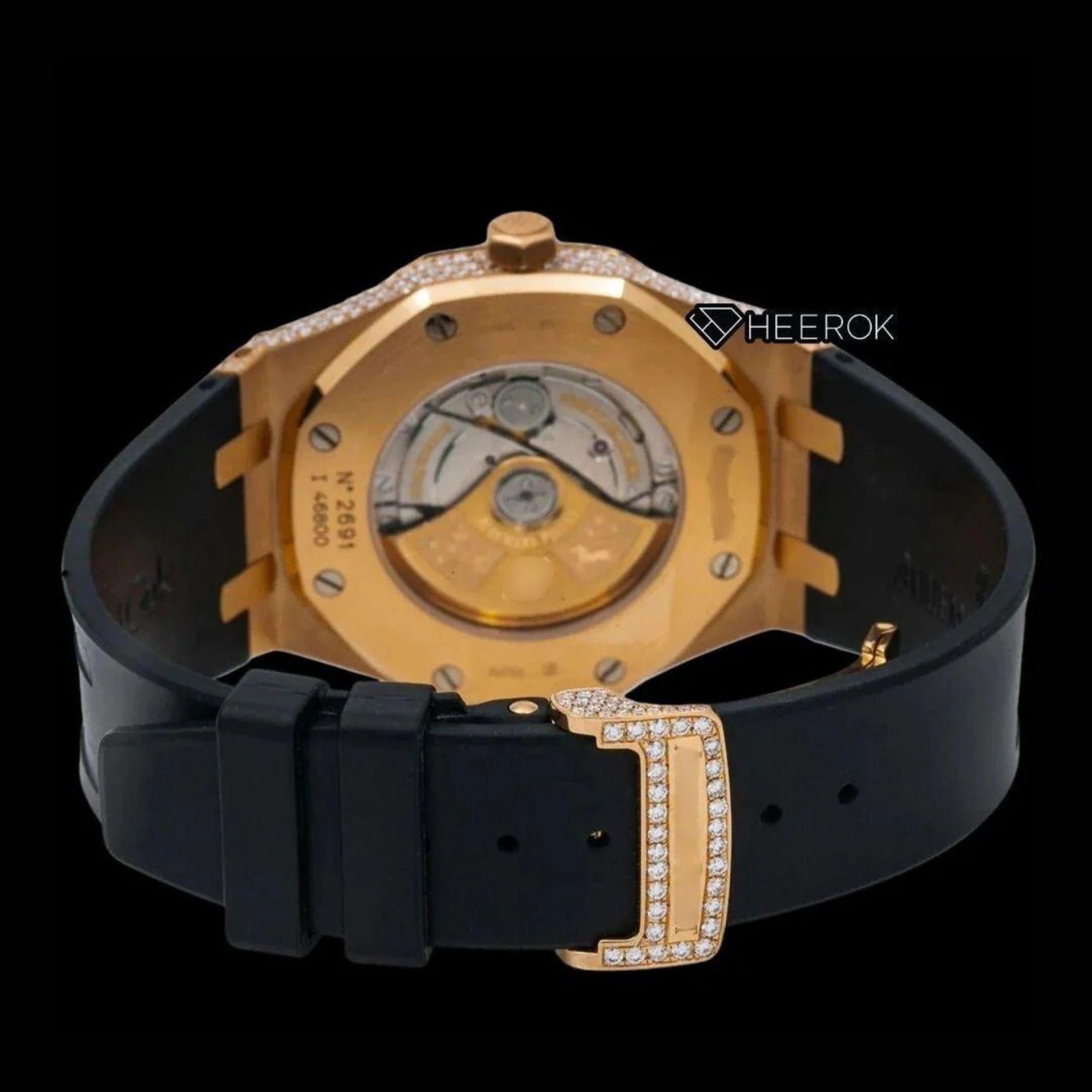 AP Royal Oak Full Pave Diamond Dial Stick Markers Rose Gold Diamond Bezel Black Rubber Strap Semi Iced Out Moissanite Watch