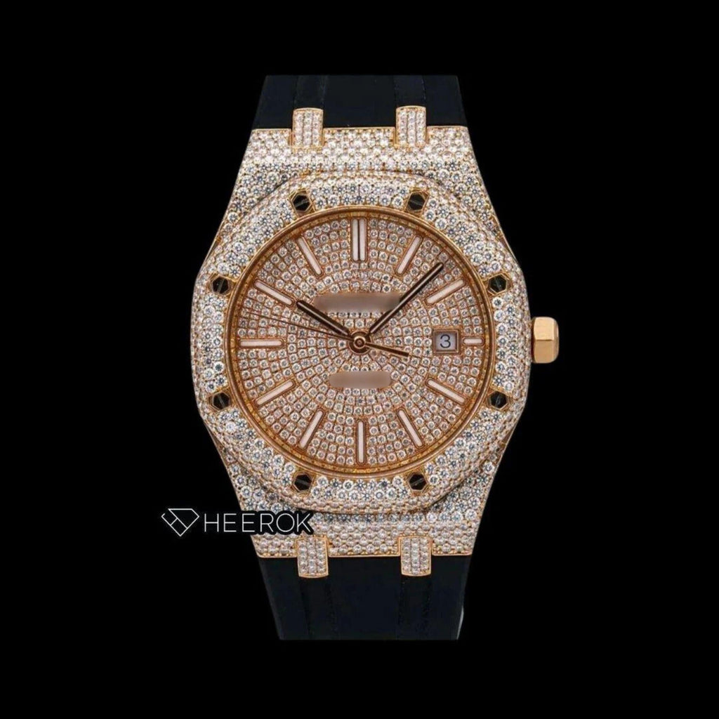 AP Royal Oak Full Pave Diamond Dial Stick Markers Rose Gold Diamond Bezel Black Rubber Strap Semi Iced Out Moissanite Watch
