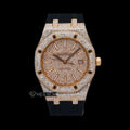 AP Royal Oak Full Pave Diamond Dial Stick Markers Rose Gold Diamond Bezel Black Rubber Strap Semi Iced Out Moissanite Watch
