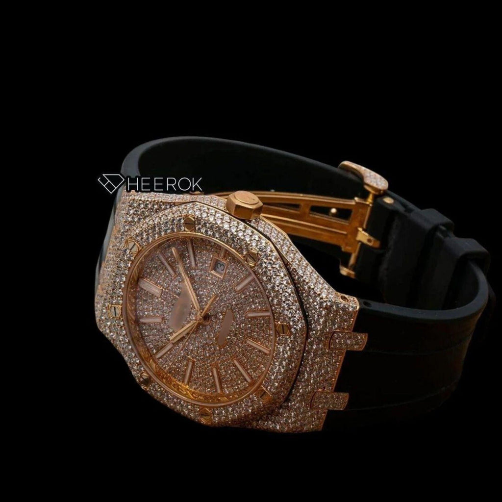 AP Royal Oak Full Pave Diamond Dial Stick Markers Rose Gold Diamond Bezel Black Rubber Strap Semi Iced Out Moissanite Watch