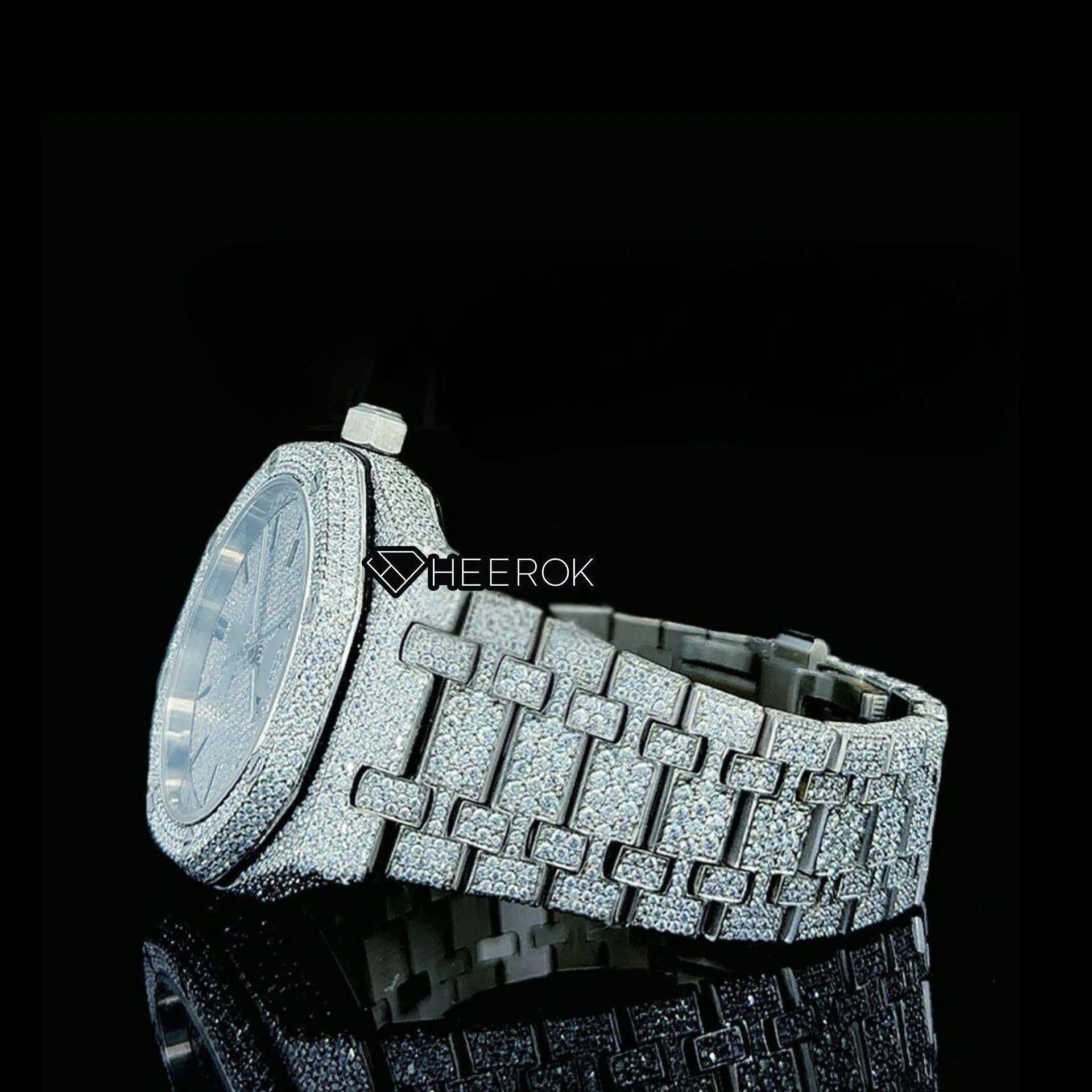 AP Royal Oak Fully Iced Out White Dial Black Stick Markers Diamond Bezel Moissanite Diamond Bracelet