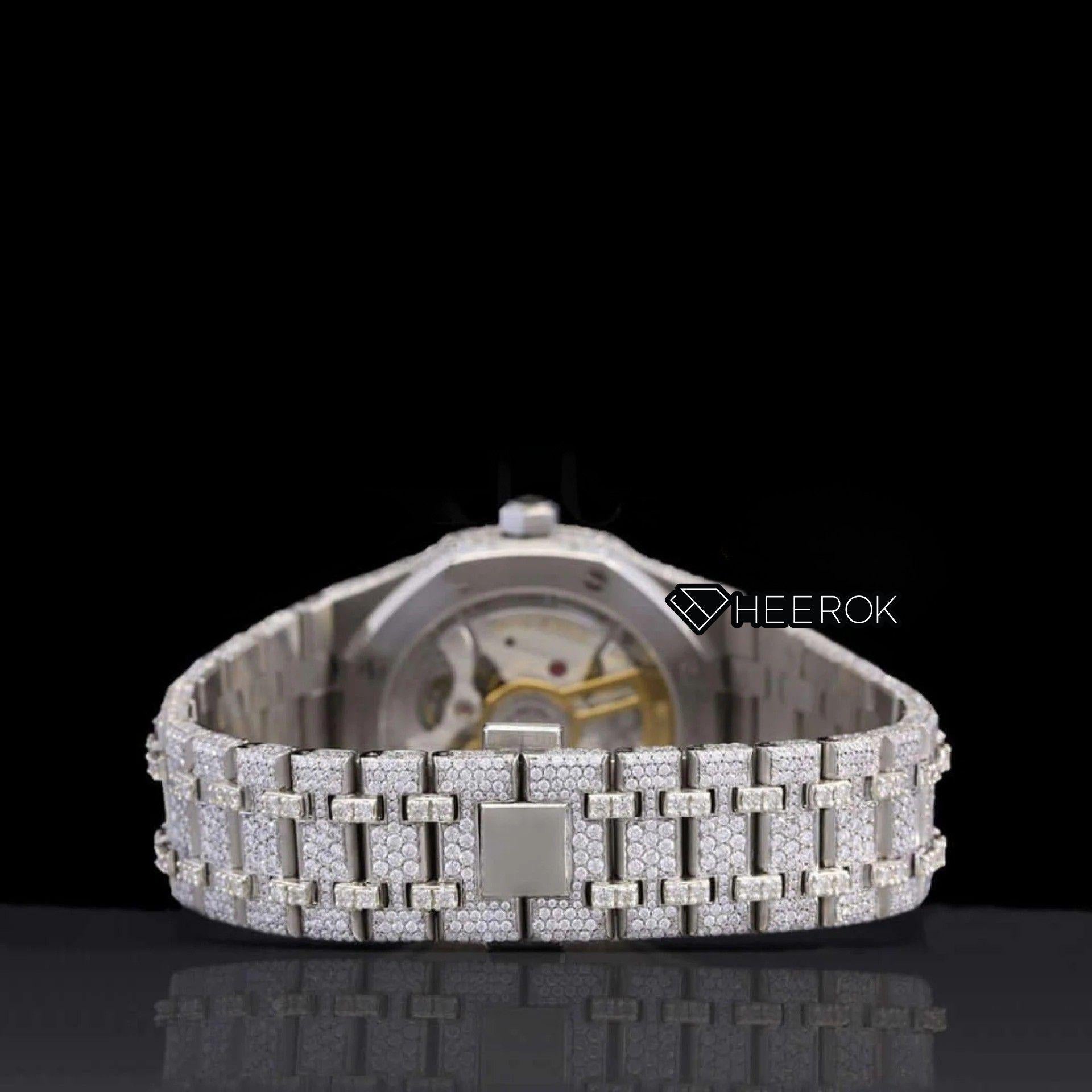 AP Royal Oak Fully Iced Out White Dial Stick Markers Large Round Diamond Bezel Moissanite Diamond