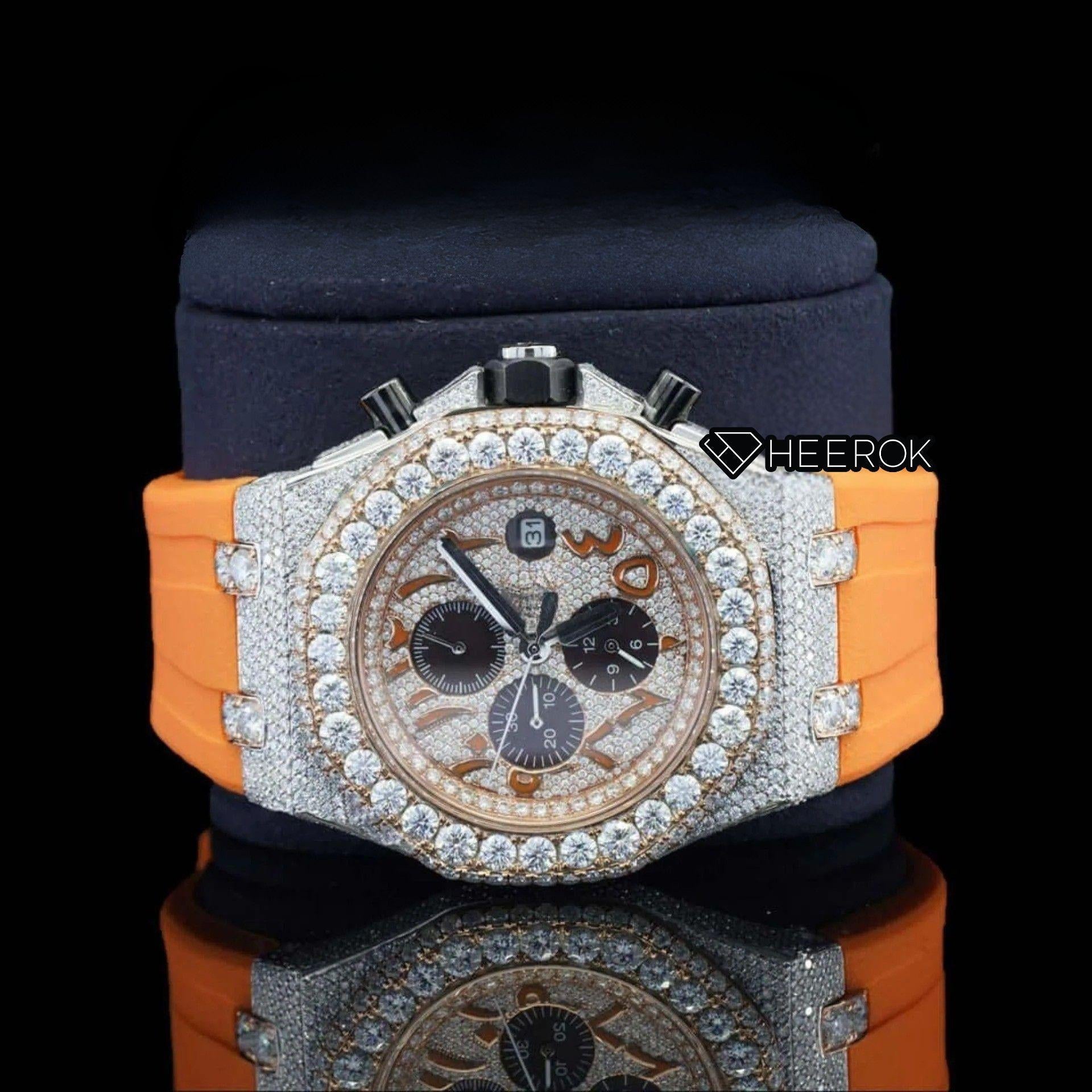 AP Royal Oak Offshore Arabic Numerals Chronograph White Dial Diamond Bezel Moissanite Diamond Orange Rubber Strap