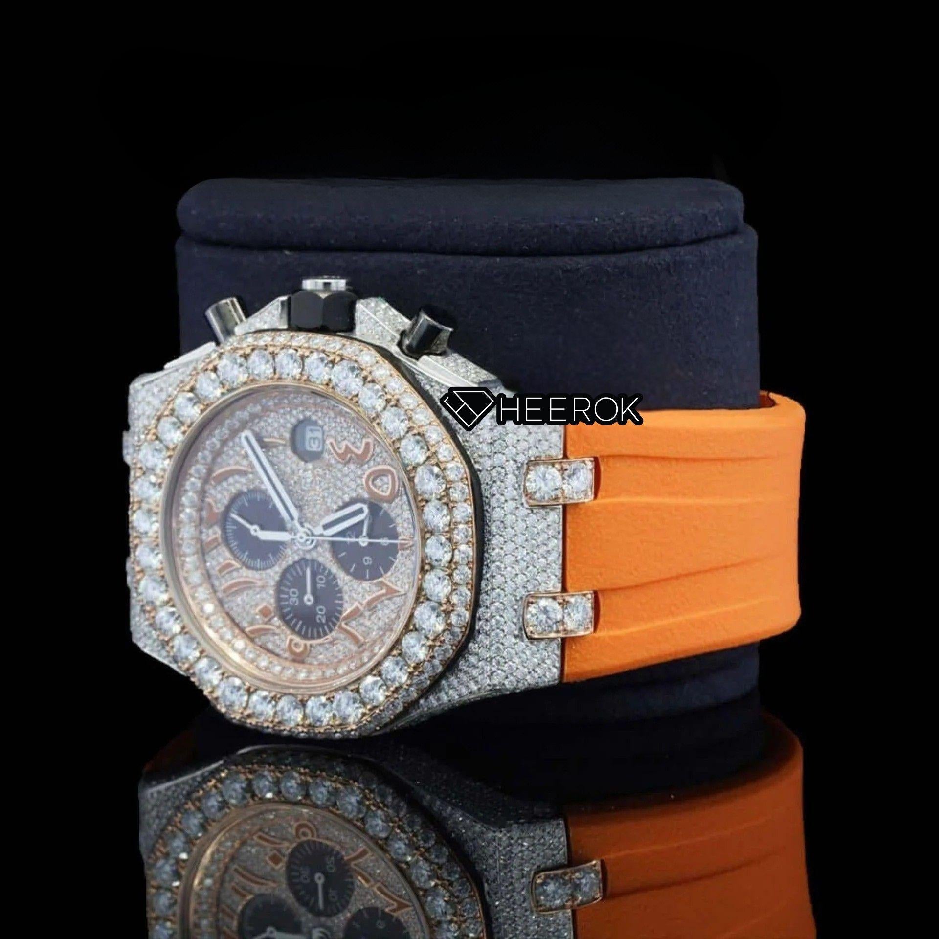AP Royal Oak Offshore Arabic Numerals Chronograph White Dial Diamond Bezel Moissanite Diamond Orange Rubber Strap