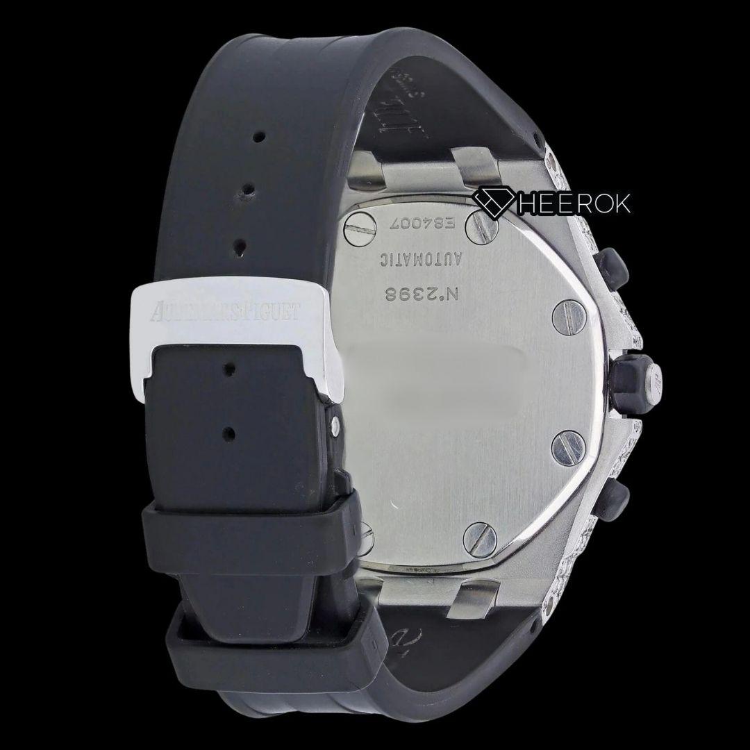 AP Royal Oak Offshore Charonograph Standard Numerals White Dial Diamond Bezel Black Rubber Strap Semi Iced Out Moissanite Watch