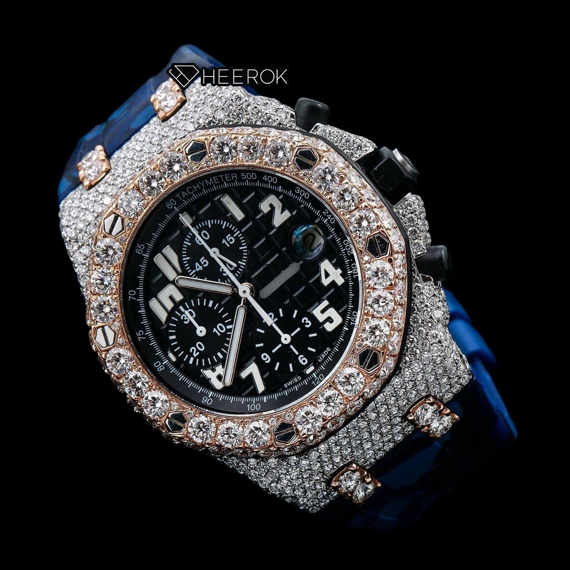 AP Royal Oak Offshore Chronograph Black Dial Standard Numerals Large Round Diamond Rose Gold Bezel Blue Camouflage Rubber Strap Semi Iced Out Moissanite Watch