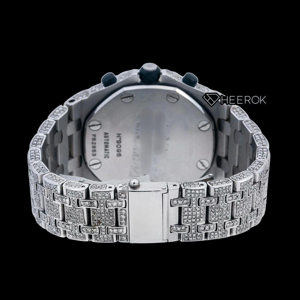 AP Royal Oak Offshore Chronograph Blue Dial White Standard Numerals Large Round Diamond Bezel Fully Iced Out Moissanite Watch