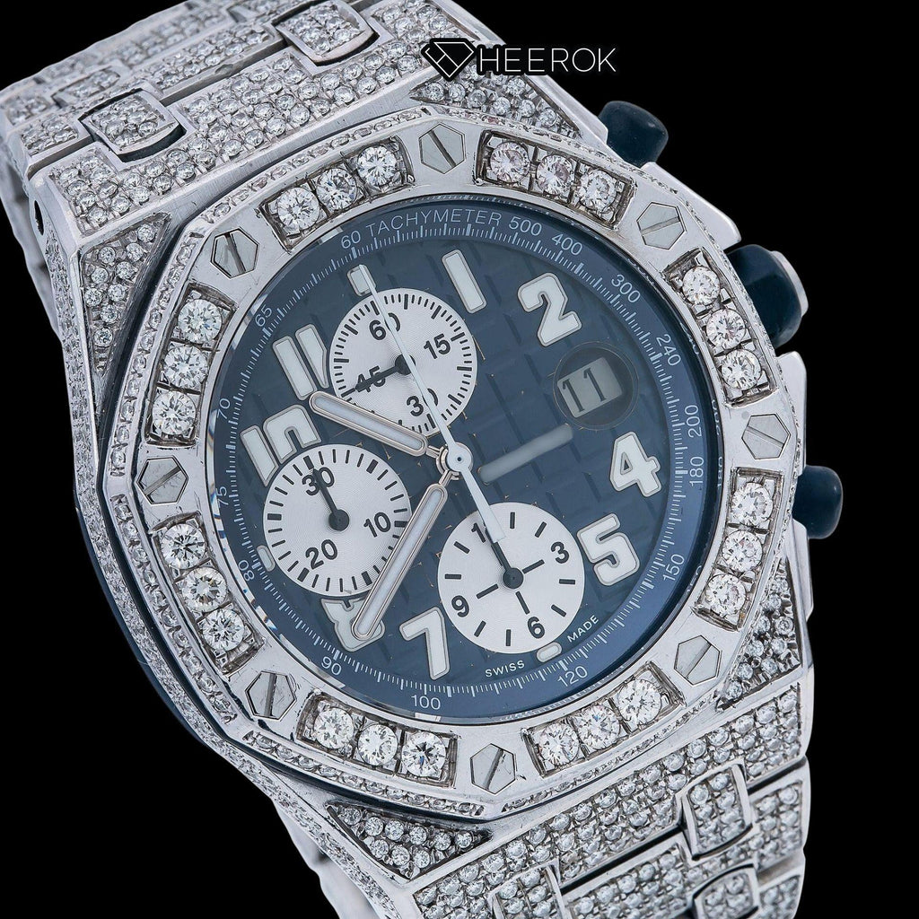 AP Royal Oak Offshore Chronograph Blue Dial White Standard Numerals Large Round Diamond Bezel Fully Iced Out Moissanite Watch